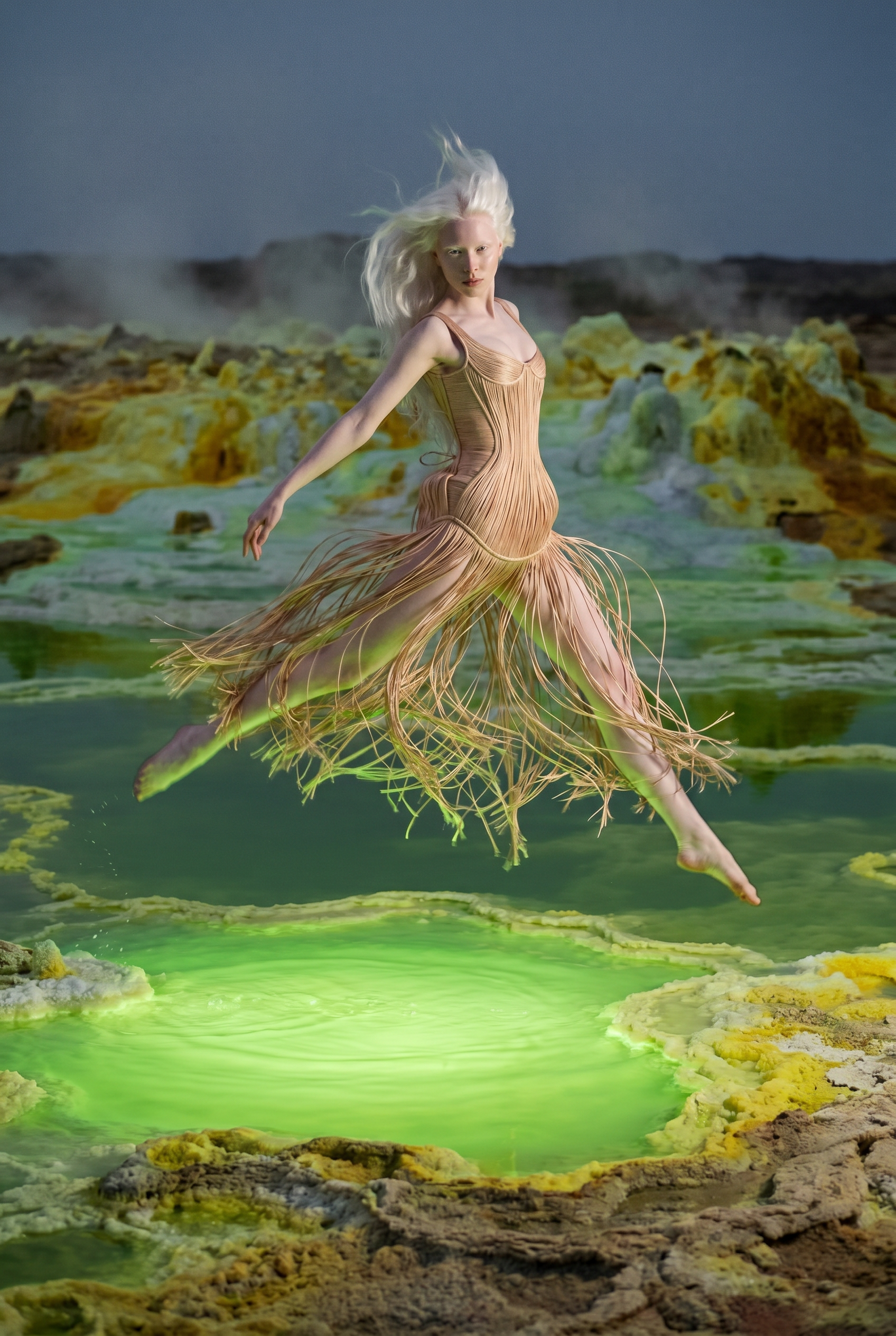 A person with long, flowing platinum blonde hair wearing a beige, flowing dress standing in a greenish hot spring surrounded by yellow mineral deposits, with steam rising in the background.