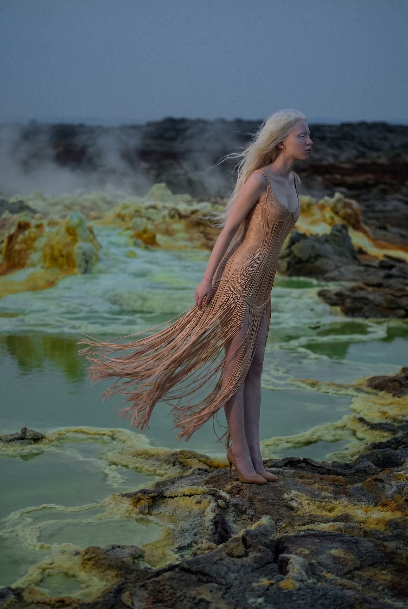 A woman with long blonde hair stands on rocky terrain near a geothermal hot spring with yellow mineral deposits and steam, wearing a flowing beige dress and nude heels.