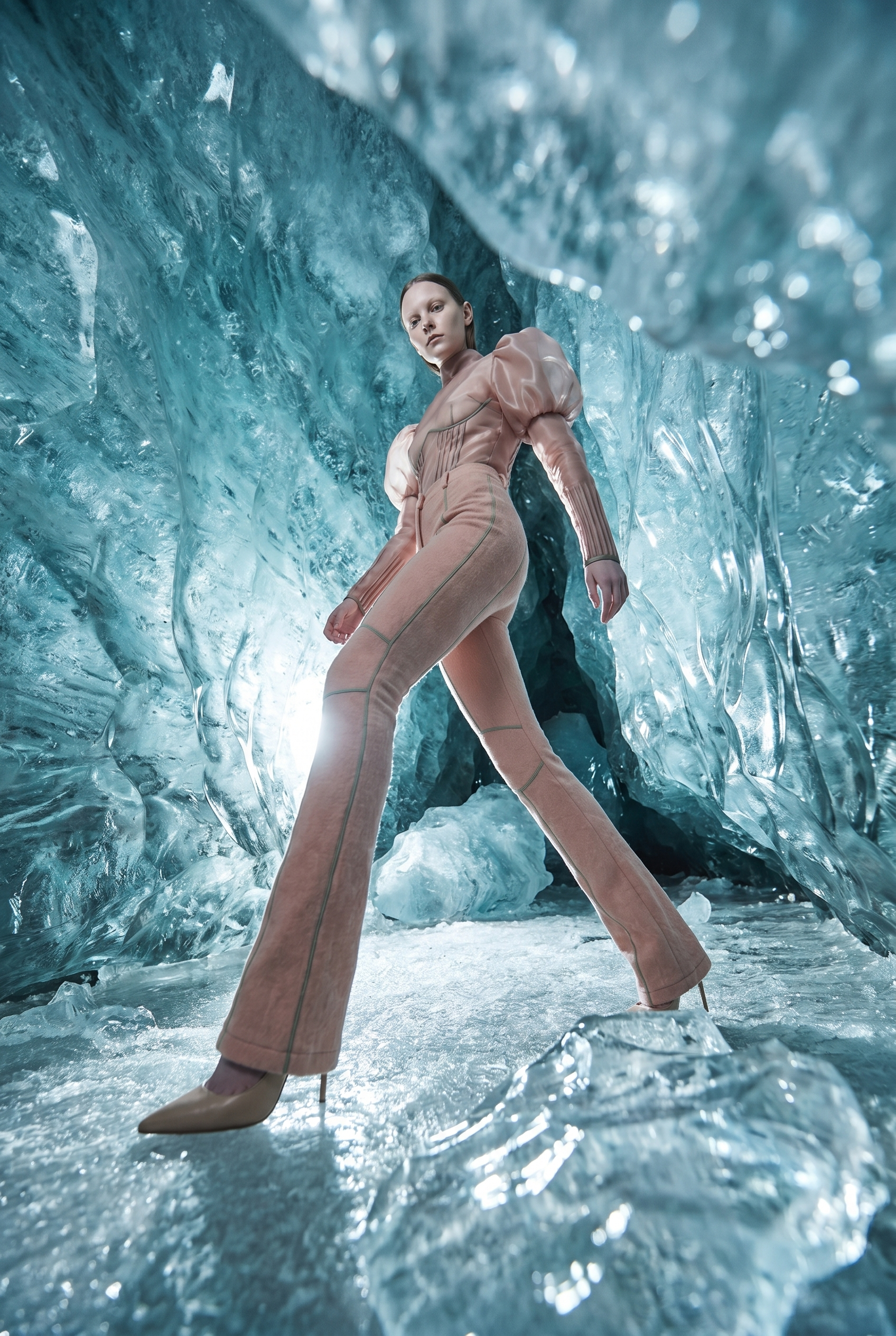 A woman standing in an icy cave, wearing a pink outfit and high heels, with the camera angle looking up at her.