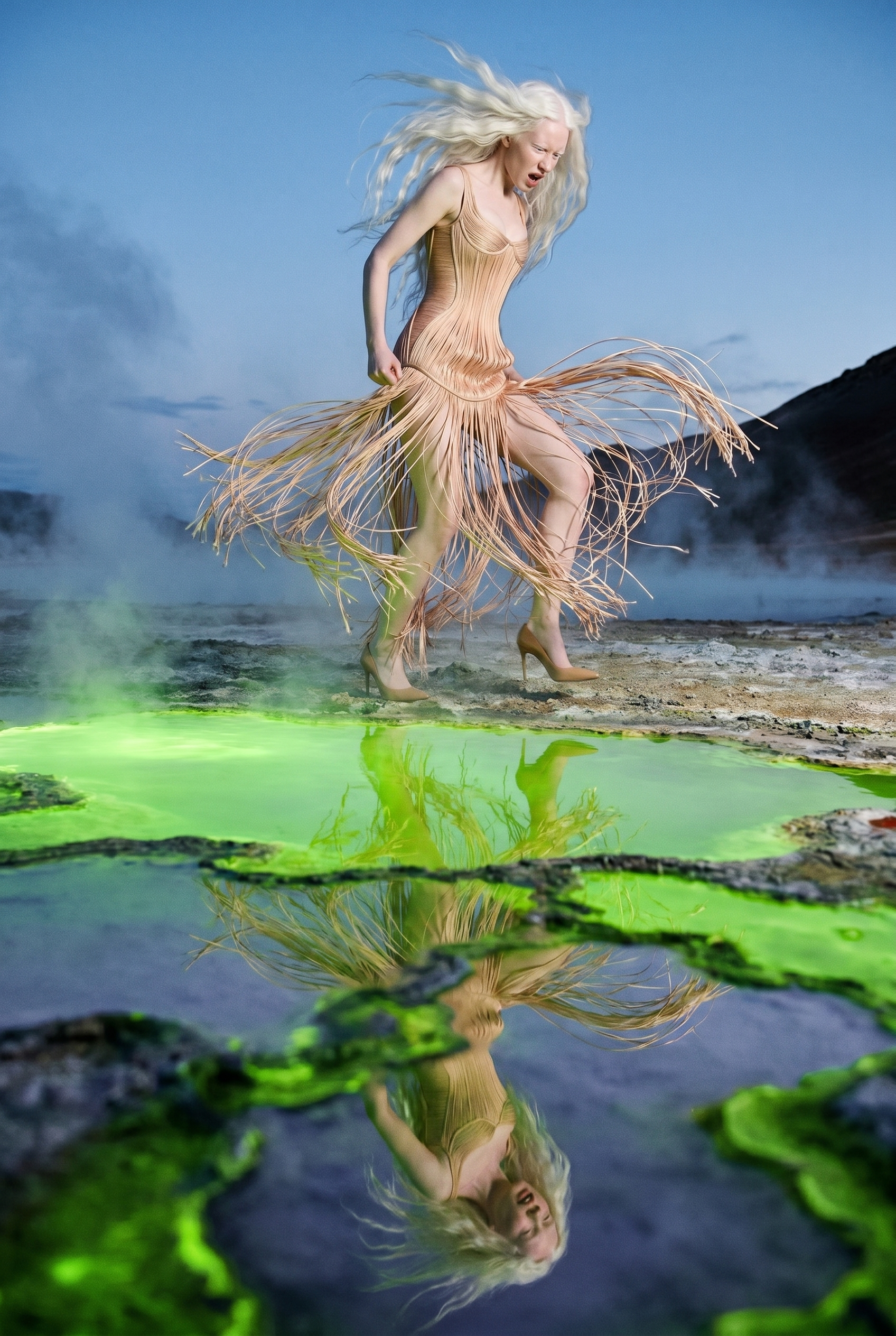 A woman with long white hair wearing a beige dress with fringe accents, standing in shallow water with green algae, leaning forward with a distressed expression, with mountains and a cloudy sky in the background.