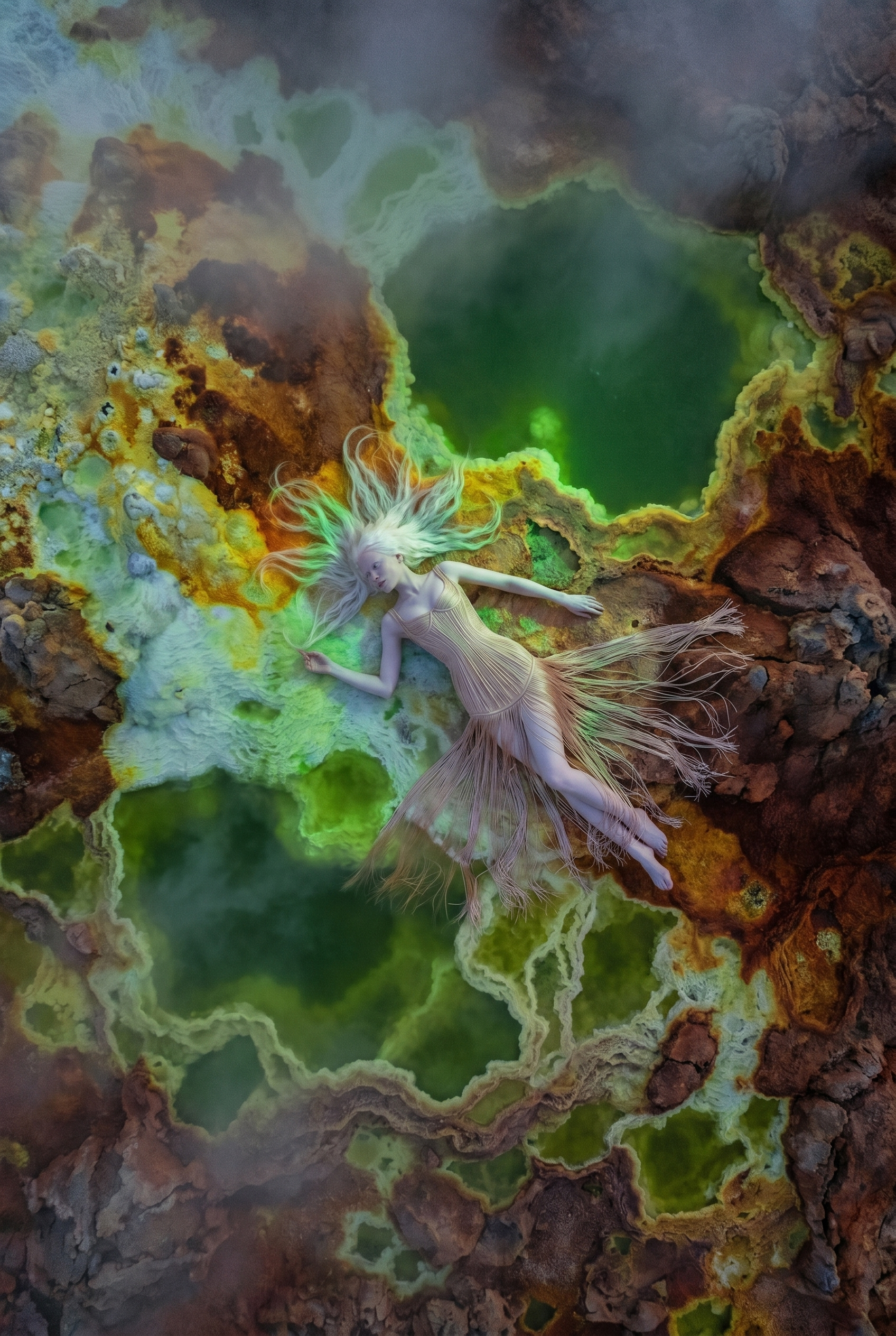 A woman with long, flowing blonde hair in a light-colored dress lies on a colorful, mineral-rich hot spring or geothermal pool with green, yellow, brown, and orange hues, surrounded by rocky formations.