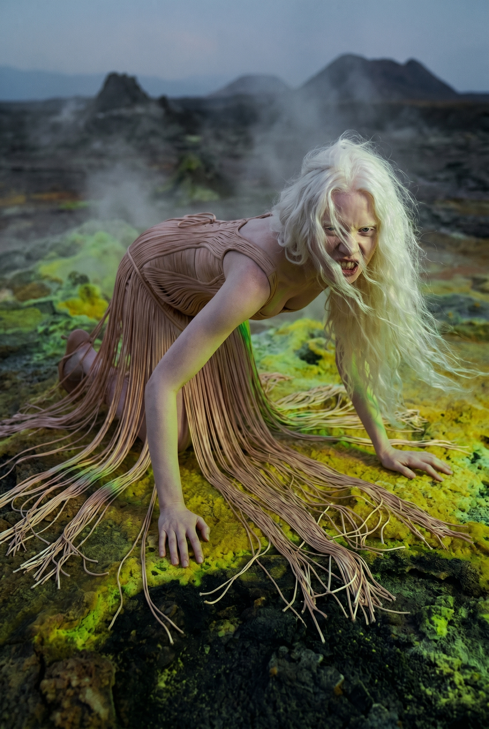 A person with long, curly blond hair crouches on the ground with a fierce, angry expression. They are dressed in a long, flowing, beige, pleated garment and are crawling on all fours on a landscape with yellow, green, and black terrain, emitting green smoke or fog in the background.