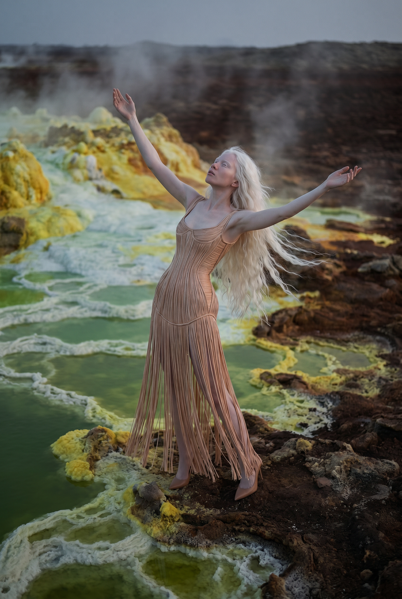 A woman with long blonde hair and a beige dress standing near yellowish-green mineral deposits and steaming water or mud springs.