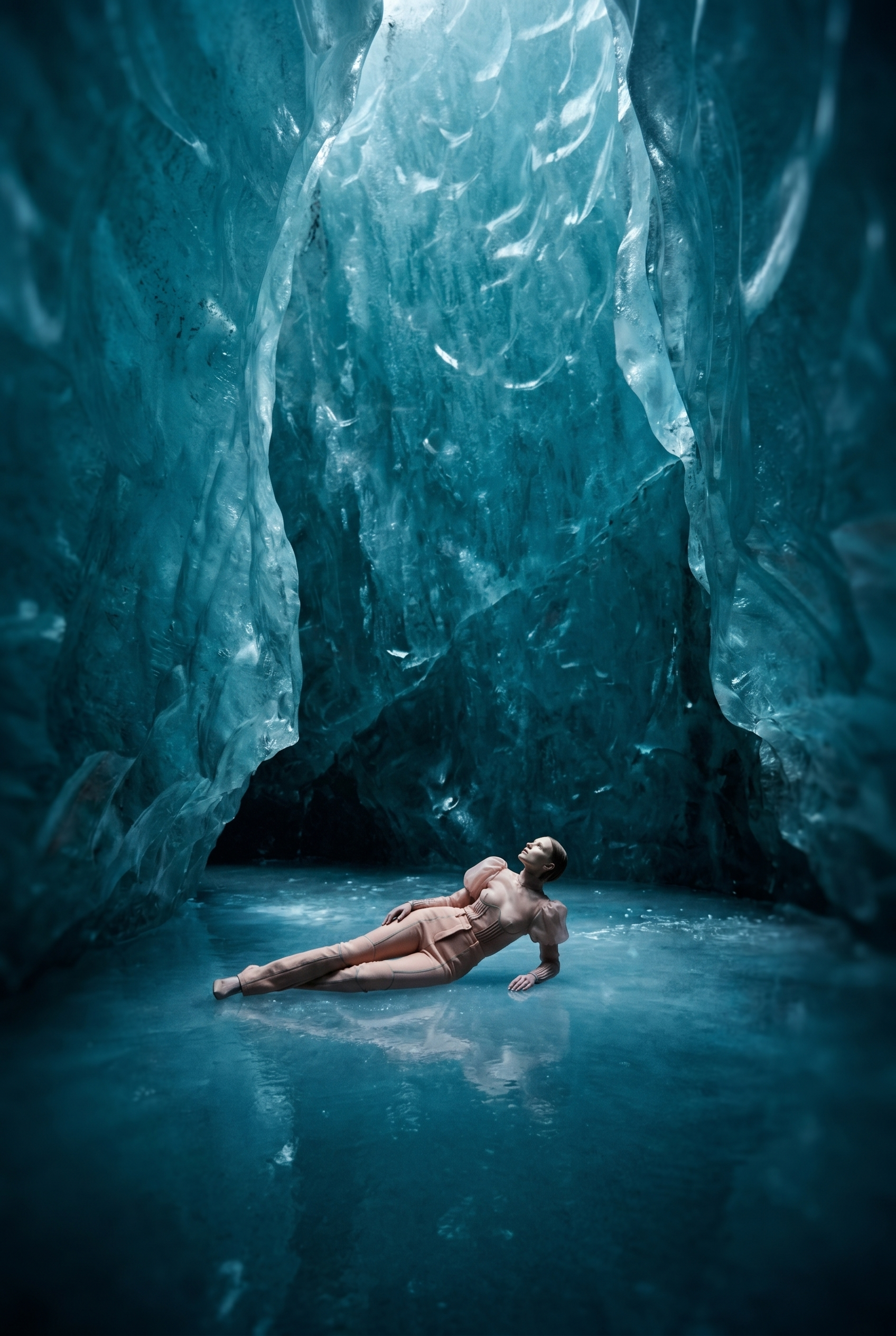 A woman dressed in a peach-colored dress lies on the icy floor of an ice cave, posing with her head tilted back and arms extended. The cave has large, textured ice formations with blue hues surrounding her.