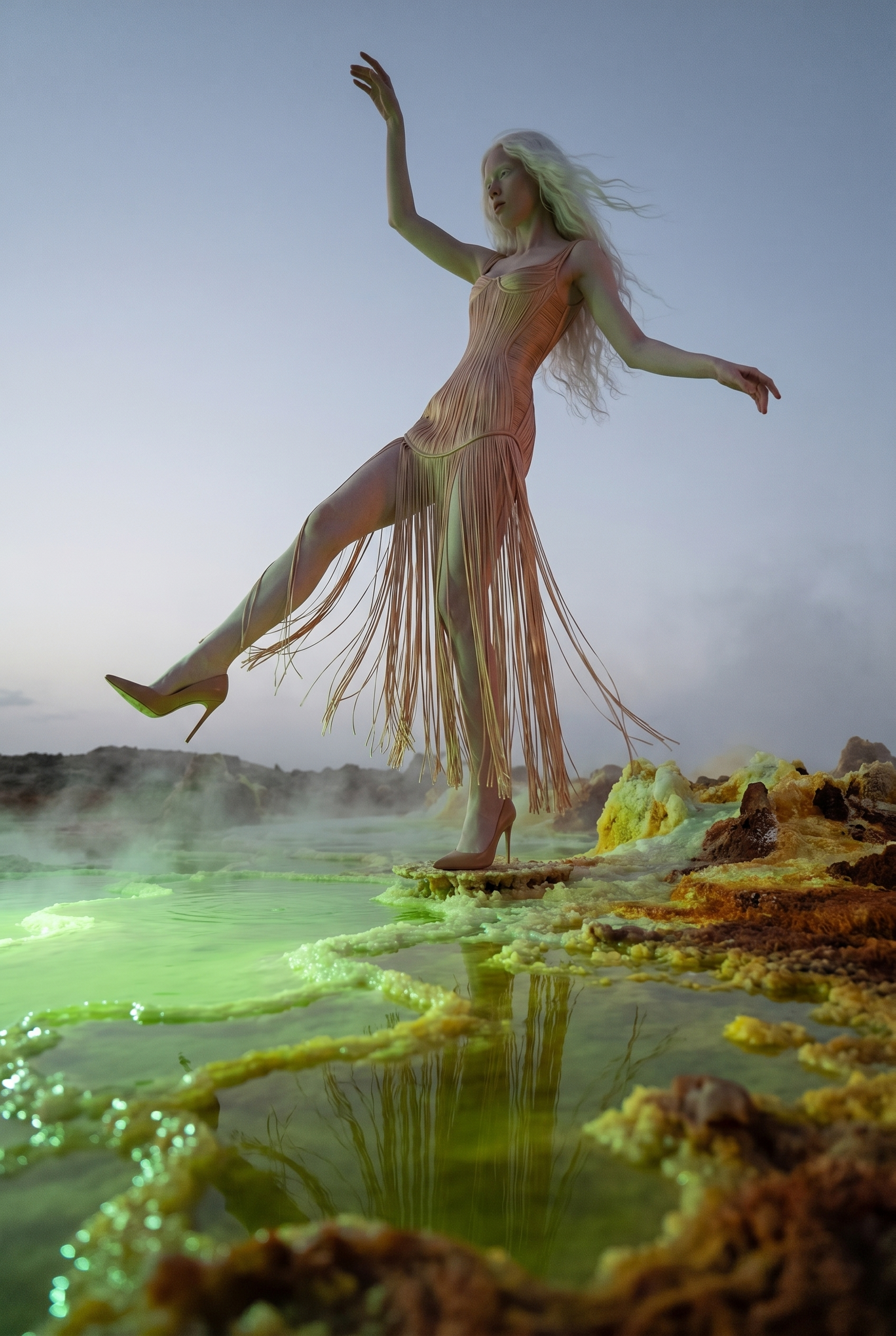 A woman wearing a flowing, fringed peach-colored dress and high heels balances on one leg on rocky terrain near a steaming, colorful body of water, with her arms outstretched and her blonde hair flowing in the wind.