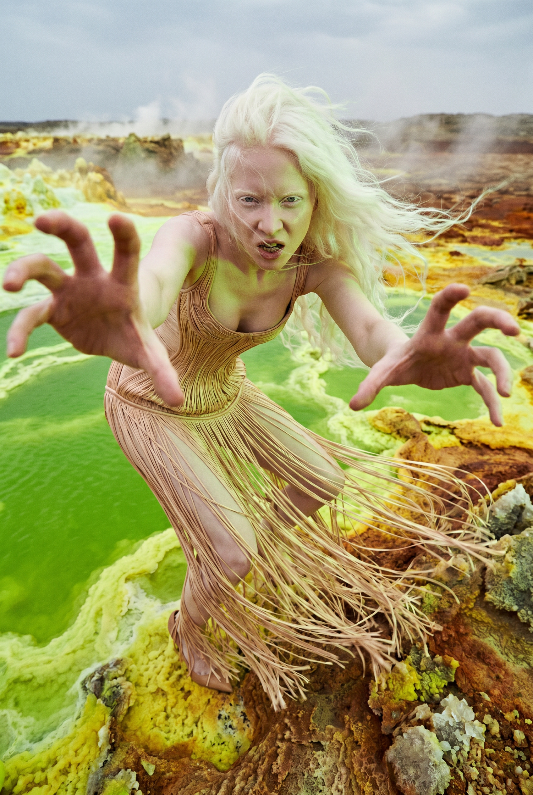 A woman with platinum blonde hair and intense expression is reaching forward with both hands. She is wearing a beige woven dress. The background appears surreal with colorful mineral or volcanic formations, with bright green, yellow, and orange hues, and volcanic steam in the distance.
