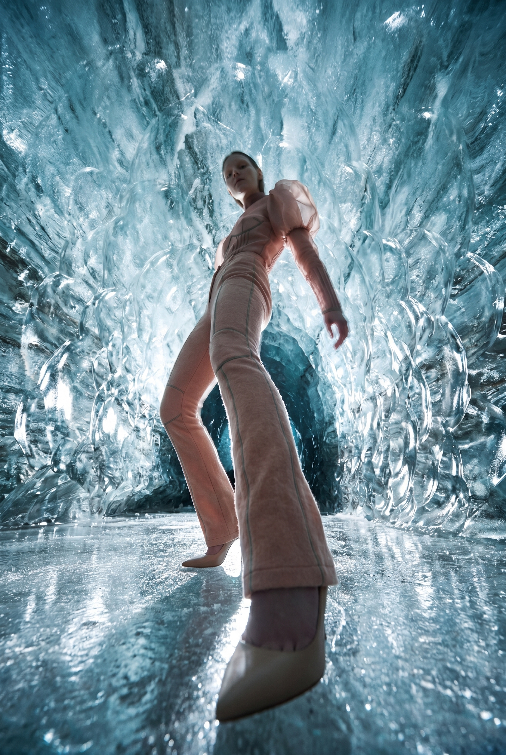 A woman dressed in light-colored fashion with puffy sleeves and high heels stands on a reflective icy surface, looking over her shoulder while in front of a wall of ice and water.
