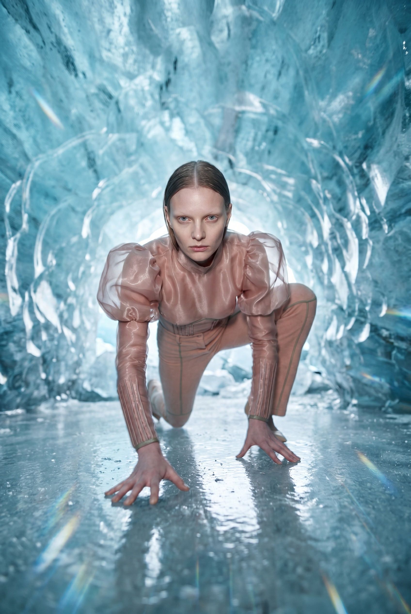 A woman crouching on her hands and knees in a futuristic tunnel with icy walls, looking straight at the camera.