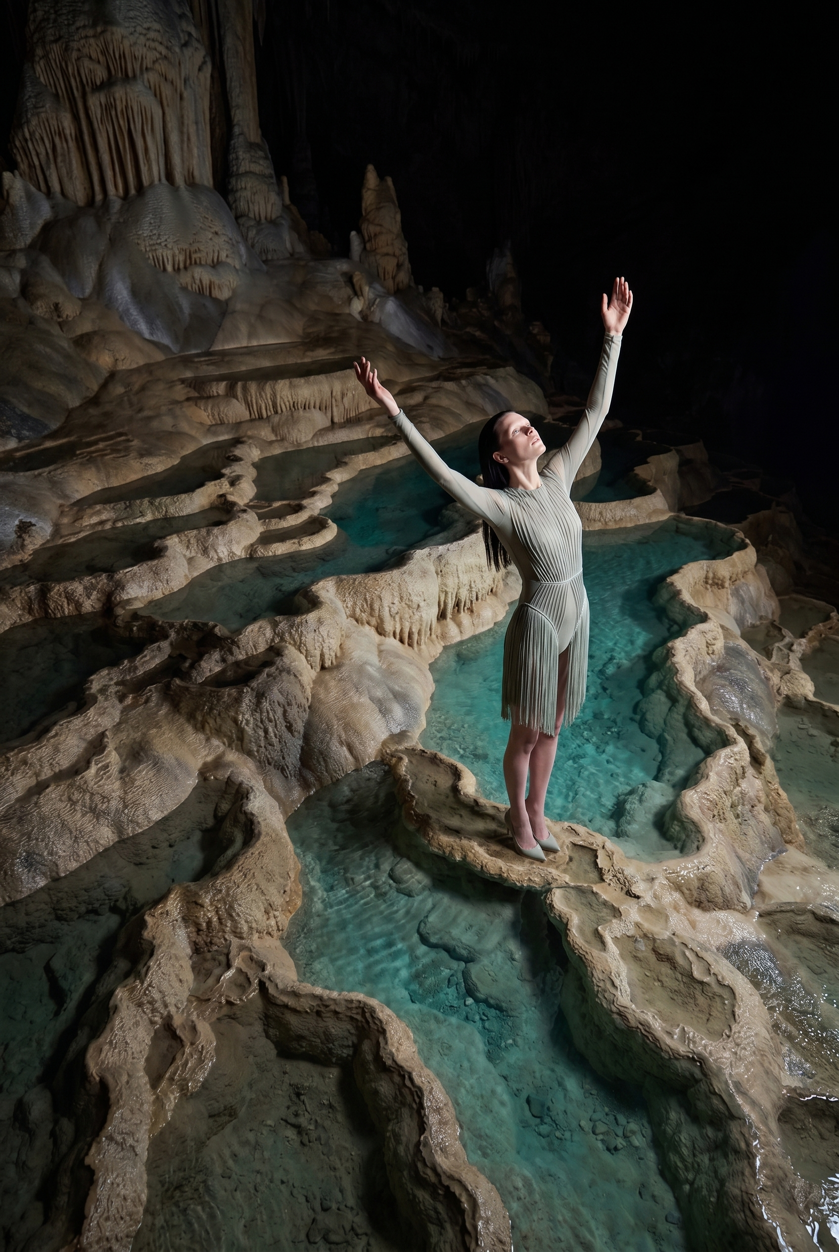 A woman in a beige dress standing on rocks in a cave with mineral formations and water features, raising her arms in a victorious pose.