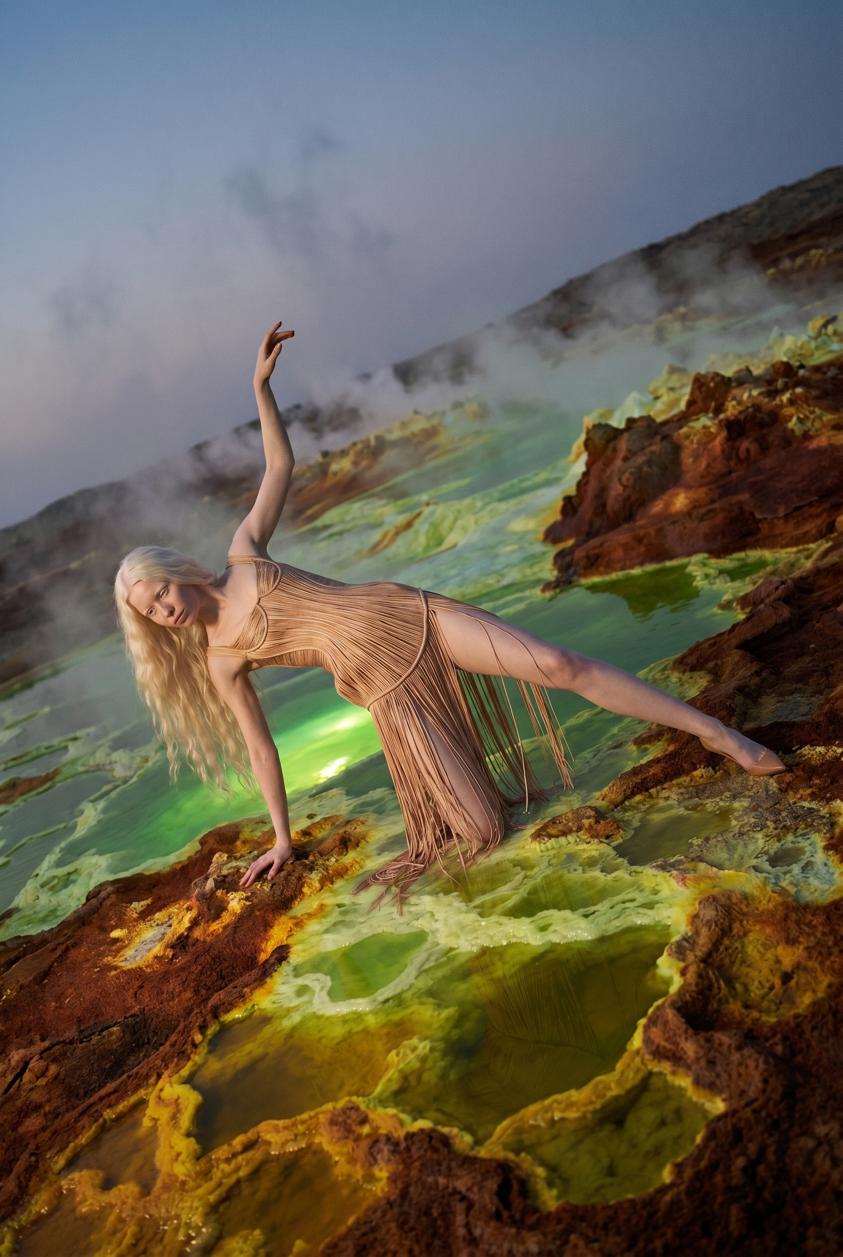 A woman with long blonde hair in a tan, fringed dress posing on a colorful, rocky, volcanic landscape with steam and green-tinted pools.