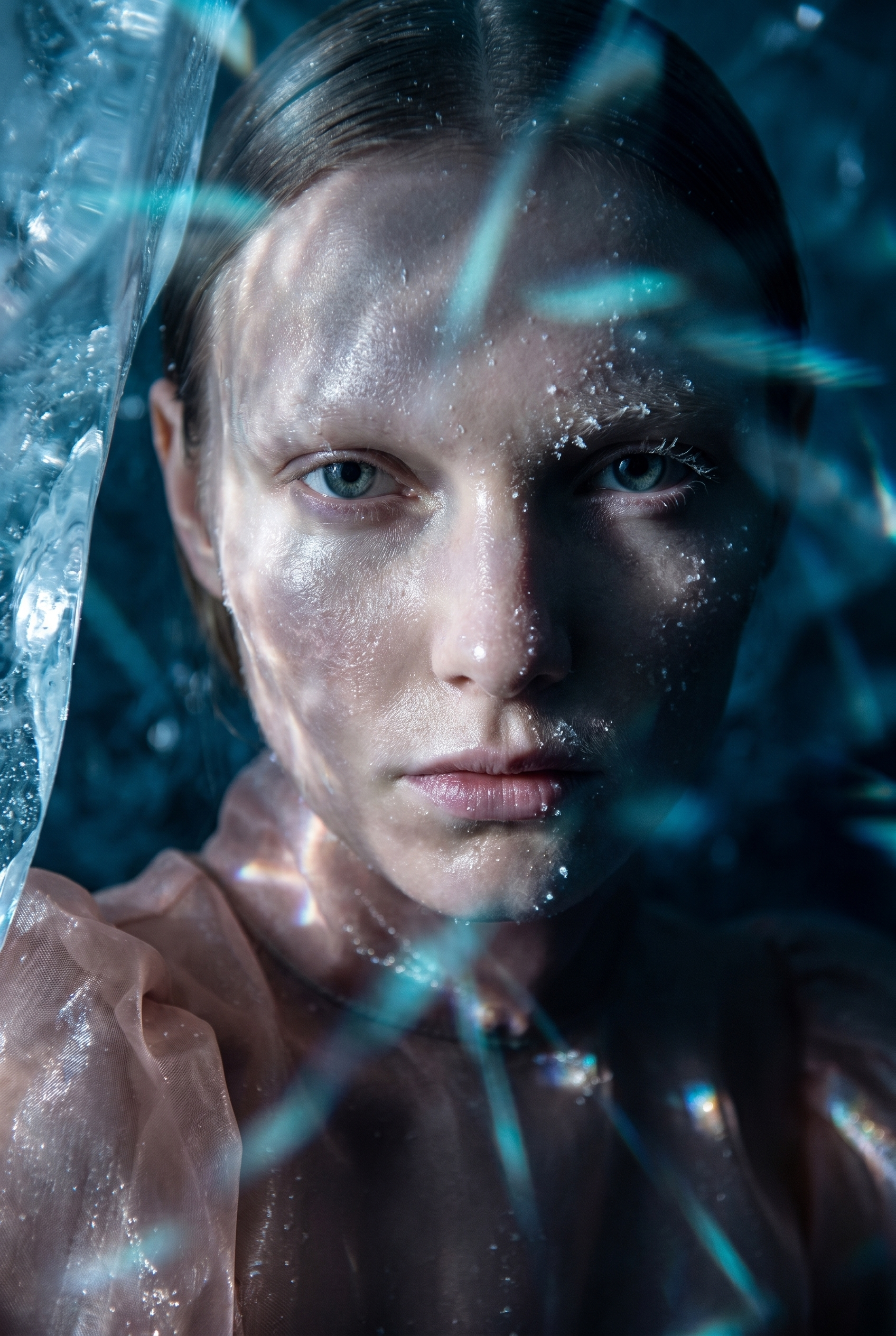 Close-up of a woman with wet hair and light skin, looking directly at the camera, surrounded by splashing water and shimmering light reflections.