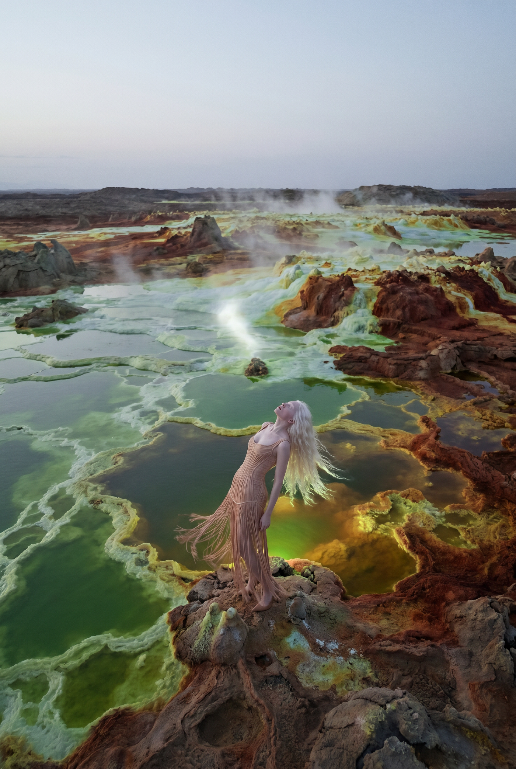 A woman with long, flowing blonde hair standing on rocky terrain near greenish-yellow geothermal pools with steam rising, set against a barren, rocky landscape under a cloudy sky.