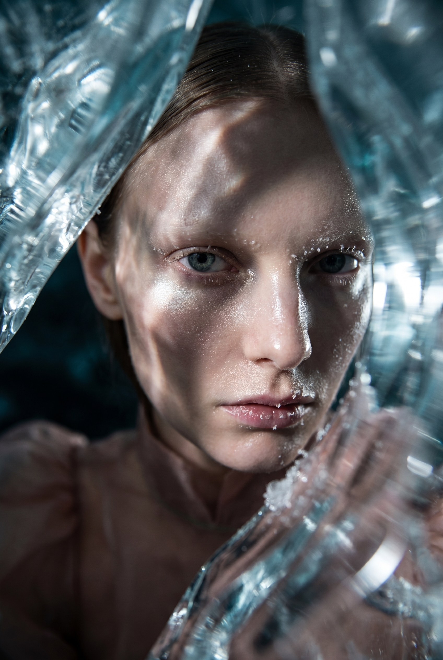 A close-up of a person's face with blue eyes, surrounded by reflective metallic material, with water splashing on their face.