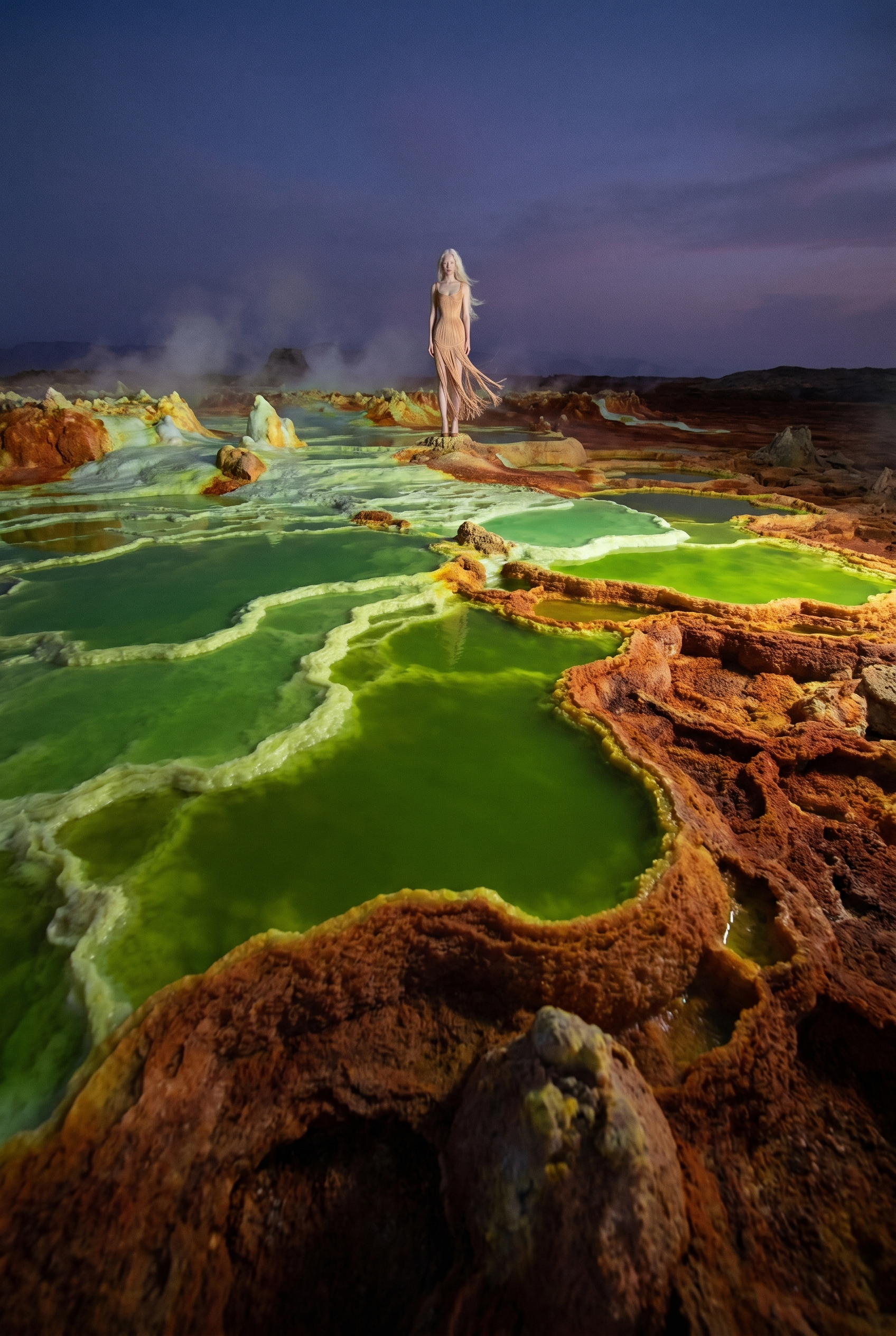 A woman standing on a rock in the middle of steaming, colorful mineral pools in a geothermal area under a cloudy sky.