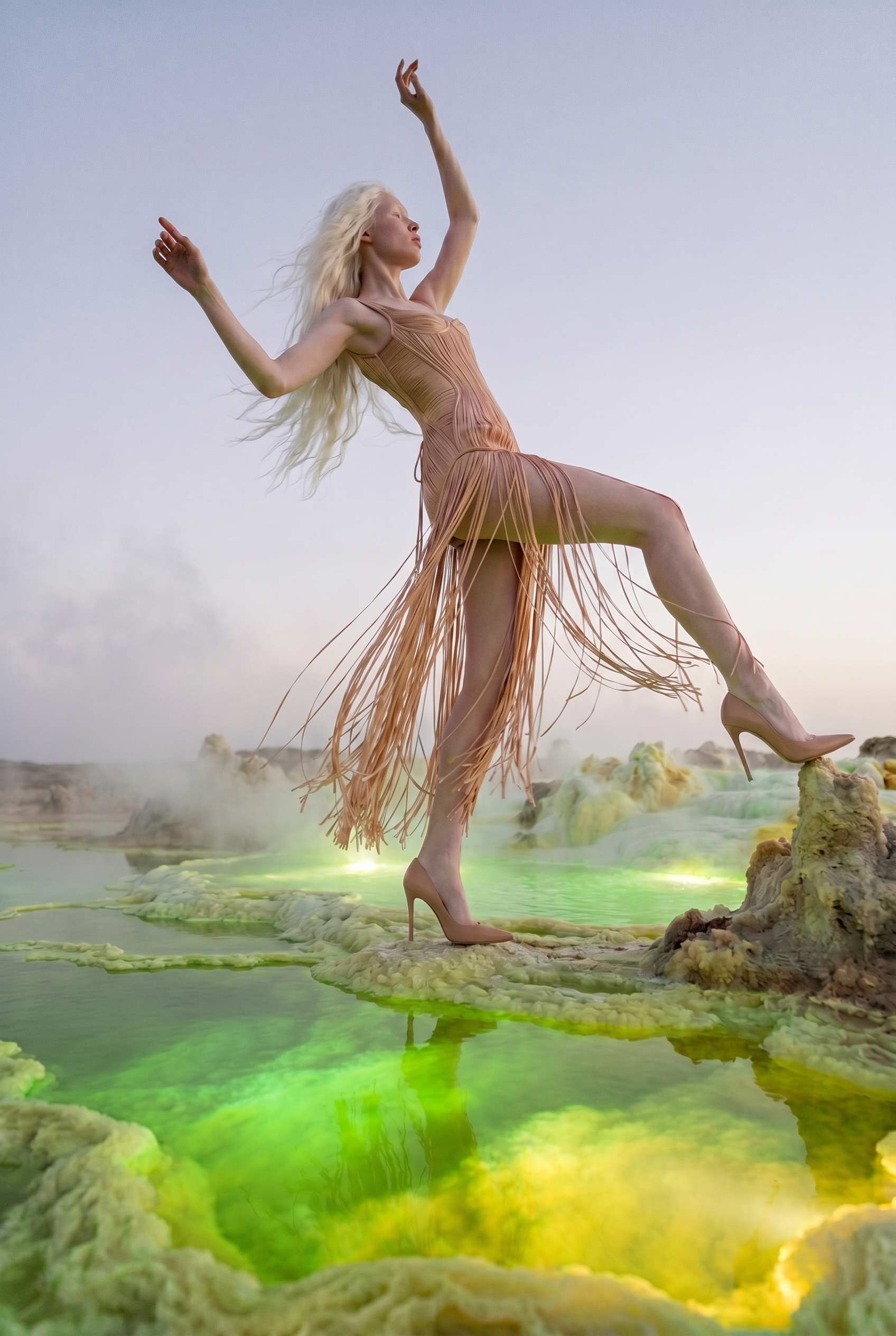 A woman with long blonde hair in a flowing beige dress and high heels strikes a dance pose in a surreal landscape with bubbling, yellow-green pools and steaming rocks under a cloudy sky.