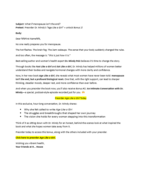Book launch/bonus email in publisher's voice