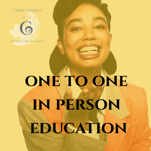 Smiling woman with dark hair and orange blazer, promoting in-person education session for Texture Cure Academy, featuring the text 'One to One in Person Education' and a logo for Texture Cure Academy by Chris Grimley.