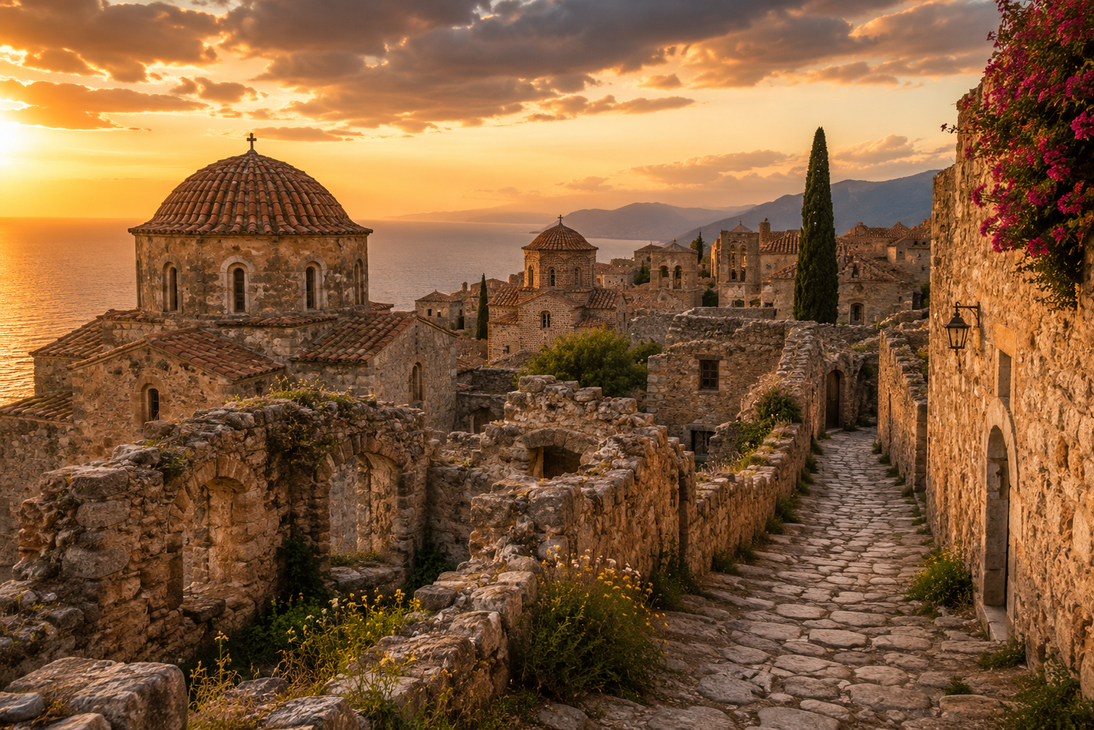 Panoramic view of historic Monemvasia Castle and the sea at sunset.