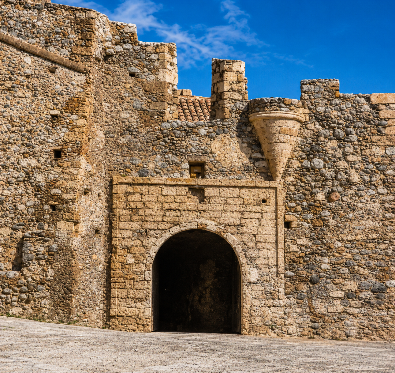 Historic stone entrance and fortifications of Monemvasia Castle, Greece.