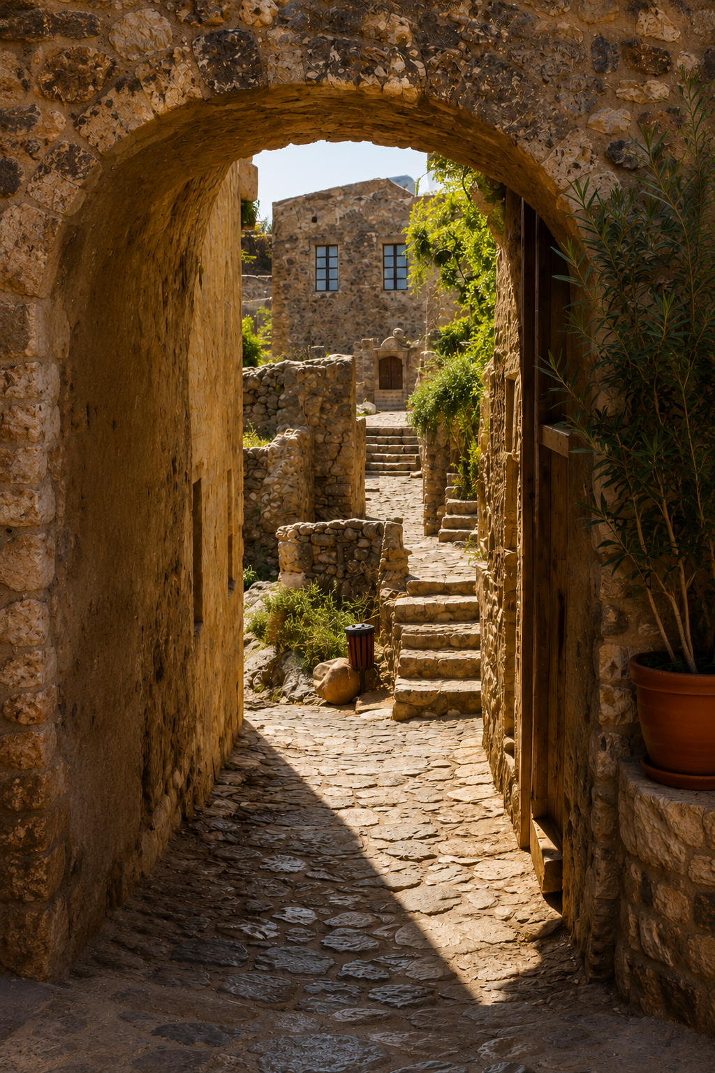 Stone archway and narrow cobblestone street inside Monemvasia Castle, Greece.