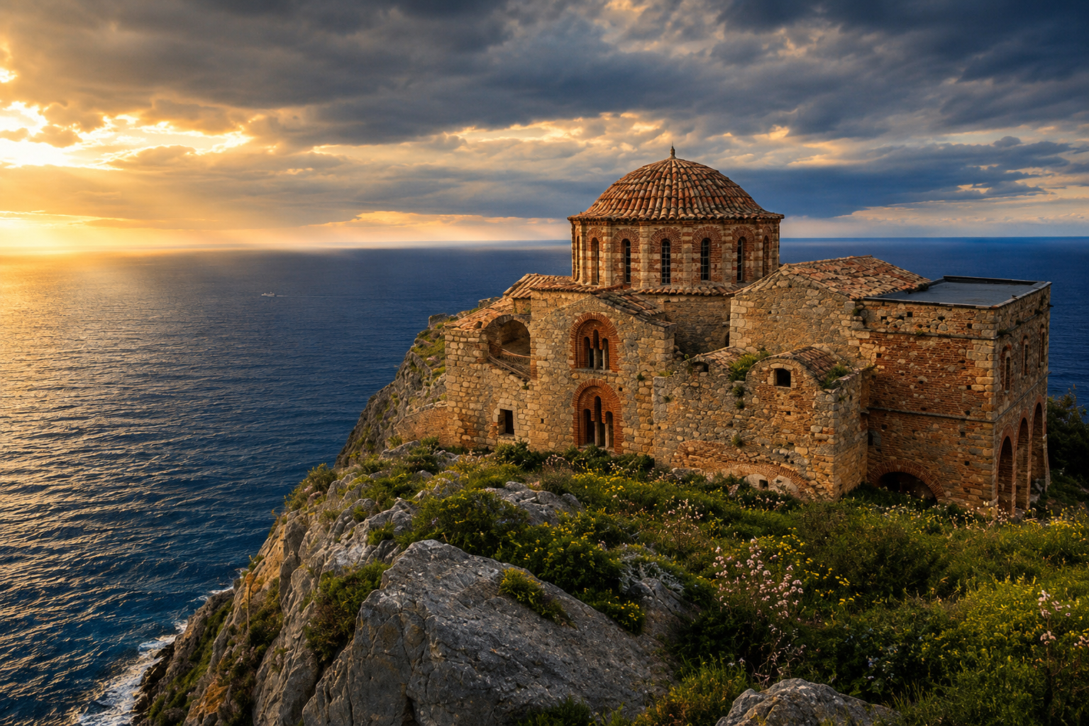 Agia Sofia church in the Upper Town of Monemvasia, overlooking the Myrtoan Sea.
