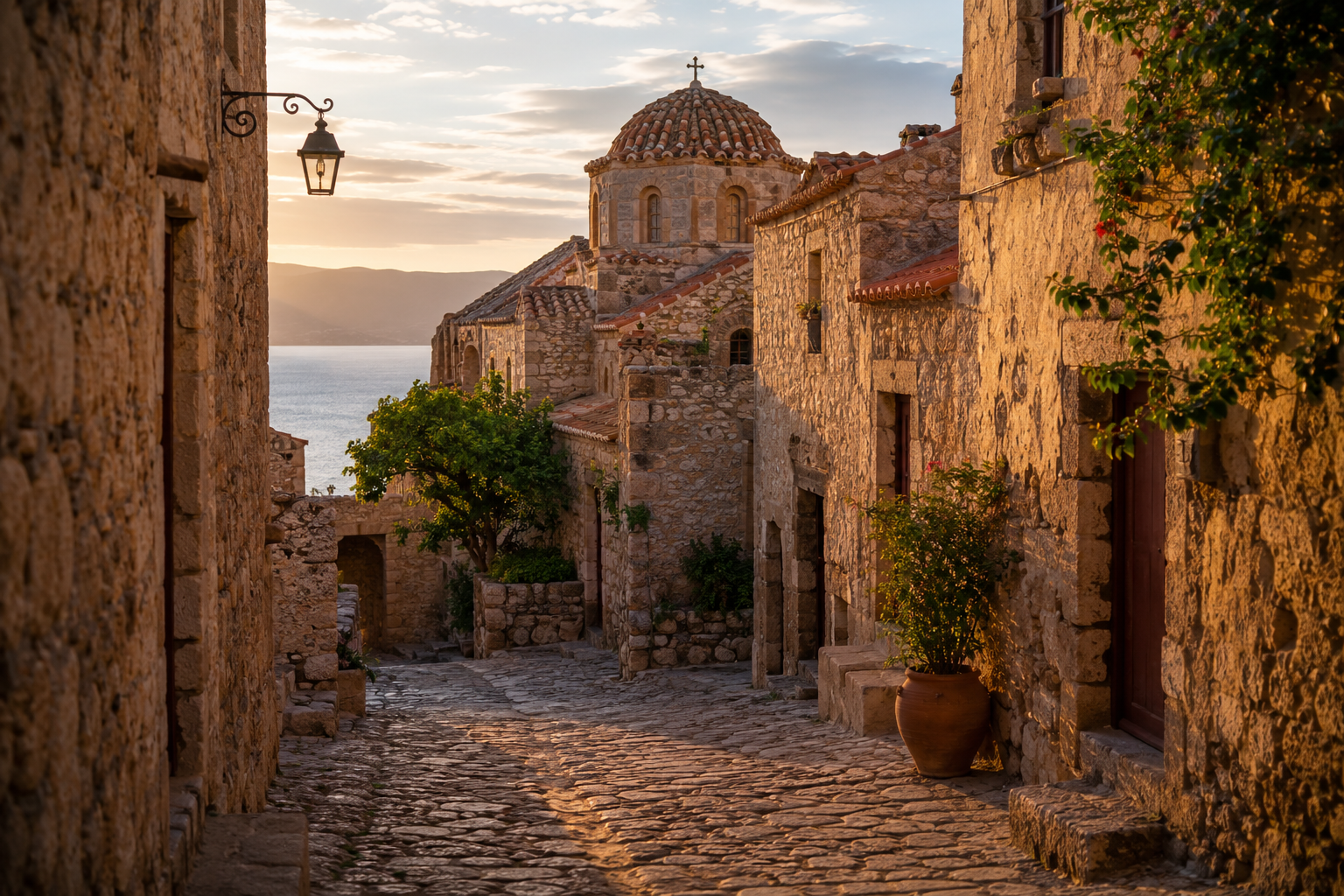 Traditional stone street and historic architecture inside Monemvasia Castle, Greece.