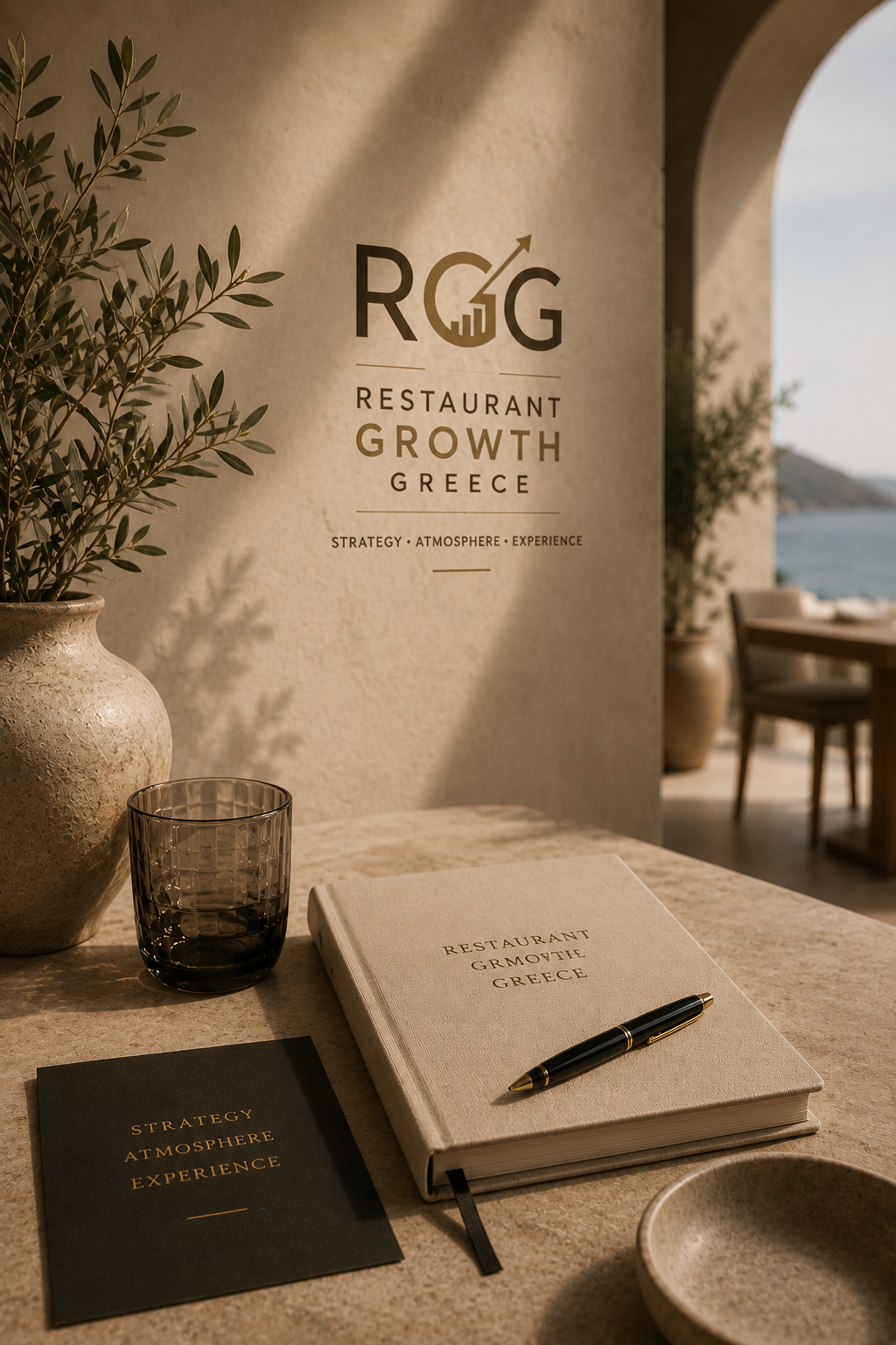 A restaurant setting with a large poster on the wall reading 'R.G.G RESTAURANT GROWTH GREECE' and keywords 'STRATEGY, ATMOSPHERE, EXPERIENCE'. On the table in front, there is a potted plant, a black glass, a closed beige notebook with 'RESTAURANT GROWTH GREECE' on the cover, a black pen, and a black booklet titled 'STRATEGY ATMOSPHERE EXPERIENCE'. In the background, there is an outdoor view of the sea and part of a dining area.