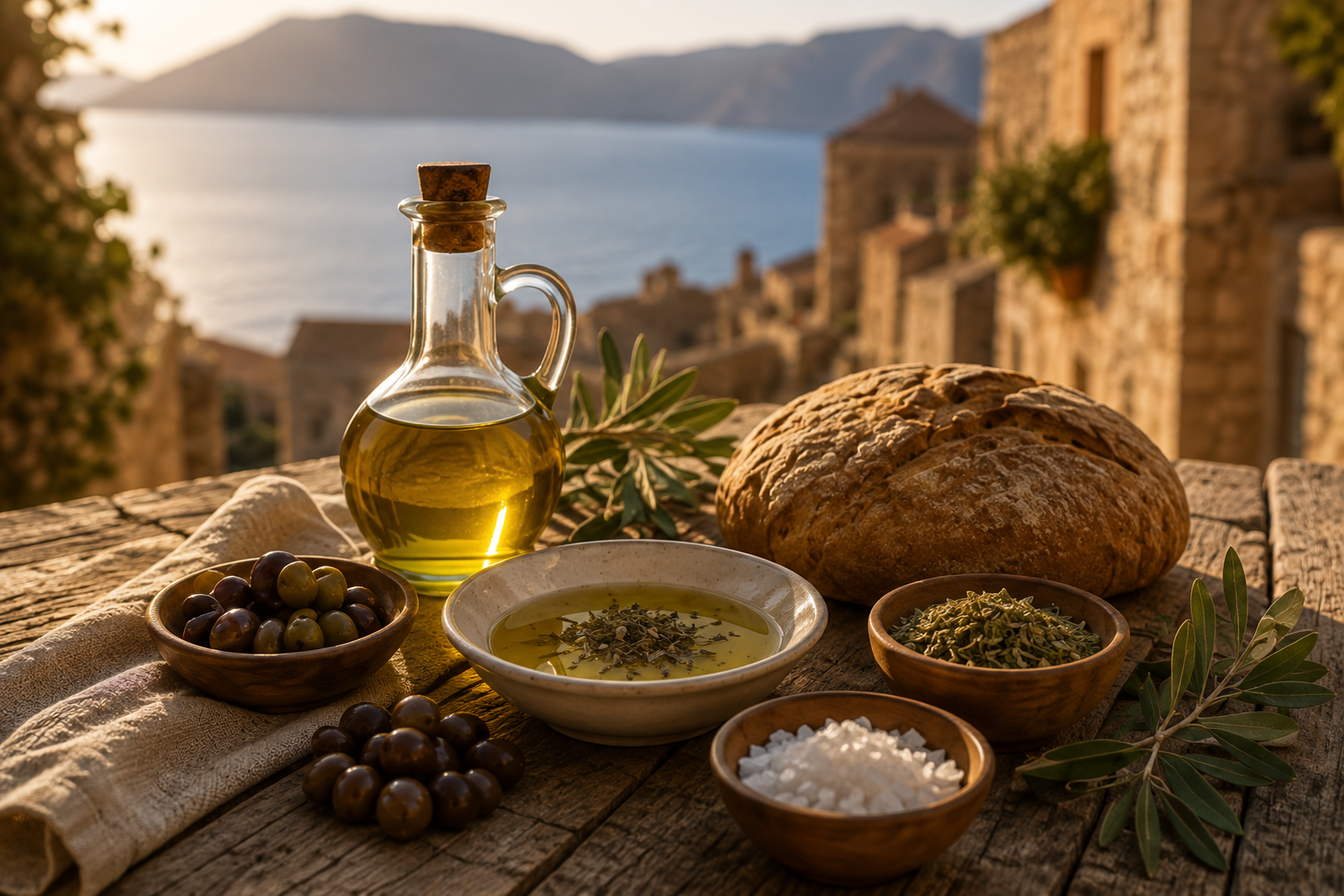 Outdoor Mediterranean dining with traditional food and views of historic Monemvasia.