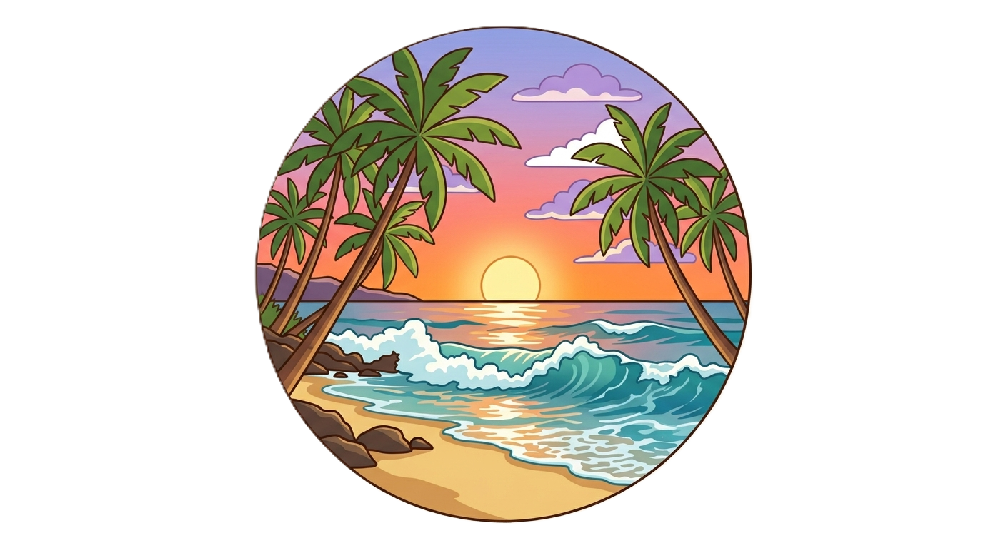 Sunset over a tropical beach with palm trees, ocean waves, and a purple and orange sky.