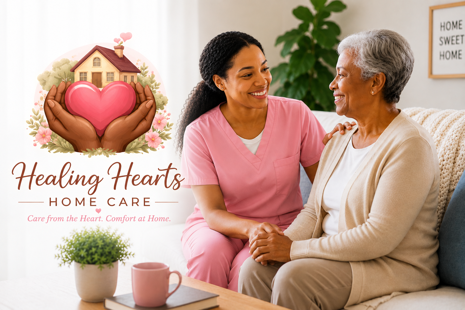 A healthcare professional and an elderly woman smiling and holding hands in a cozy home setting with a house and heart graphic. Text reads: 'Healing Hearts Home Care. Care from the Heart. Comfort at Home.'