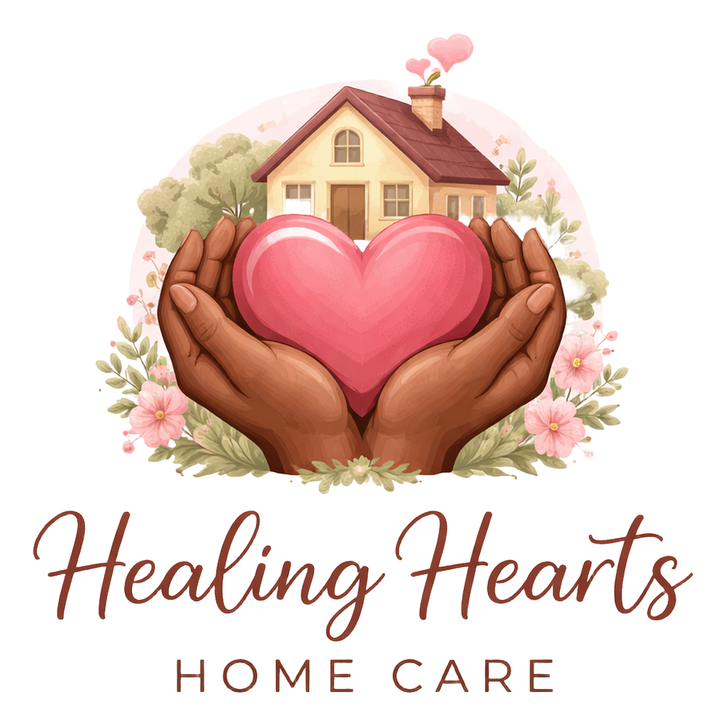 Illustration of two hands holding a large pink heart with a house and greenery in the background, surrounded by flowers. Text reads "Healing Hearts Home Care."