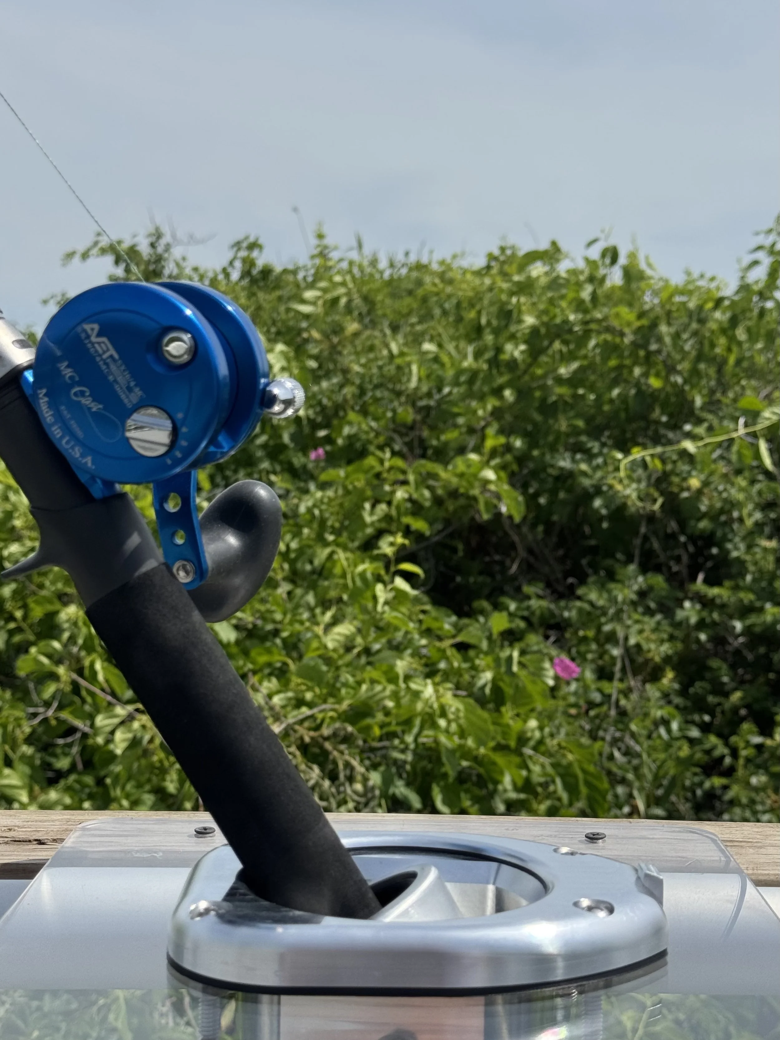 Close-up of a black drone controller with a blue camera mount and a visible antenna, outdoors with green foliage and a cloudy sky in the background.