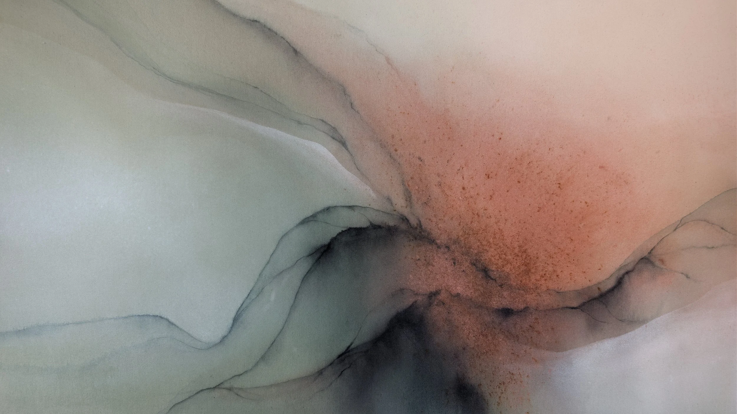 Ästhetisches abstraktes Gemälde mit sanften Farbverläufen in Rosa, Schwarz, Grau und Weiß, inspiriert von Wasserfarben und Tinte.