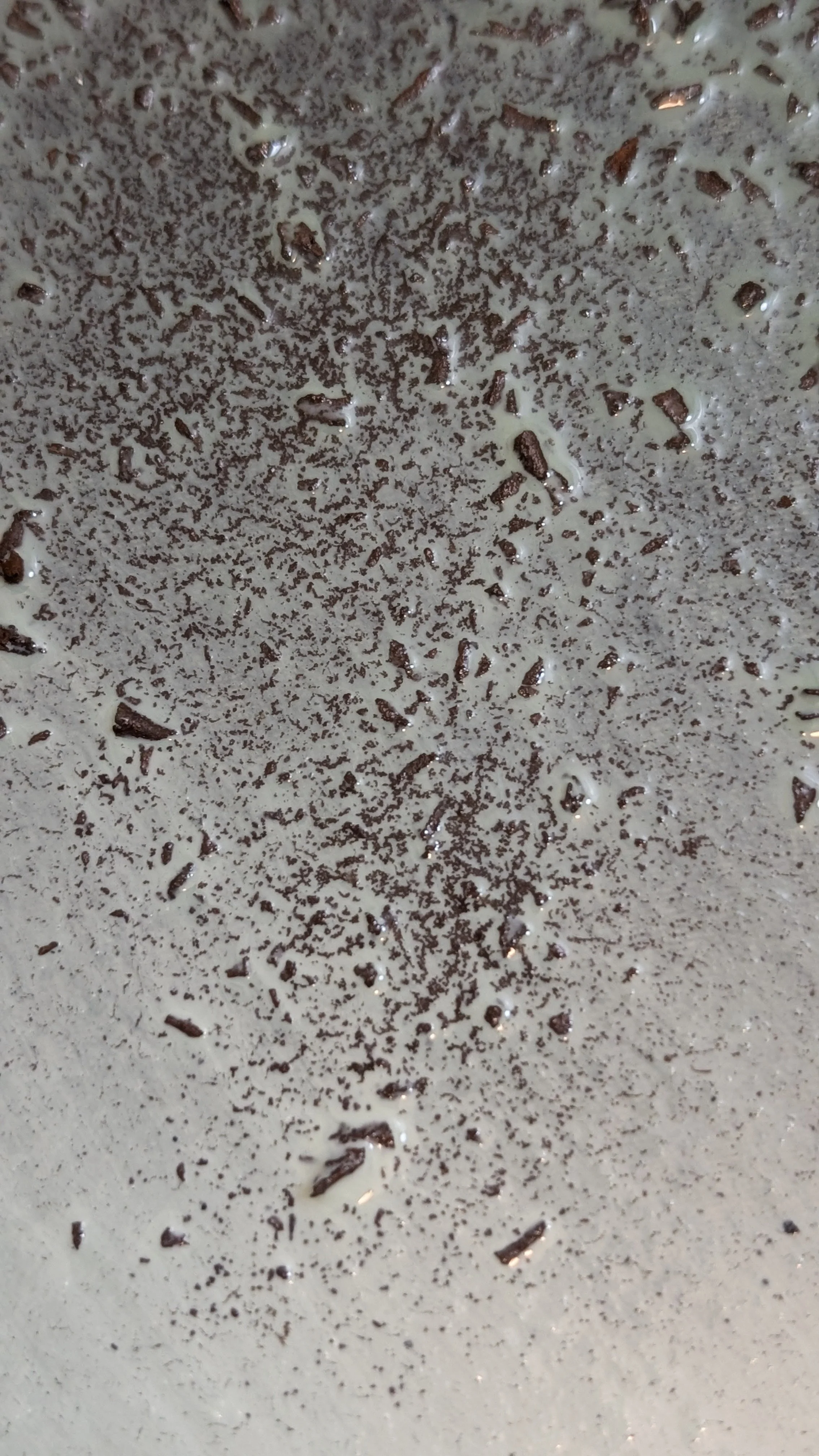 Nahaufnahme einer Oberfläche mit kleinen braunen Schokoladenstücken und weißer Flüssigkeit.