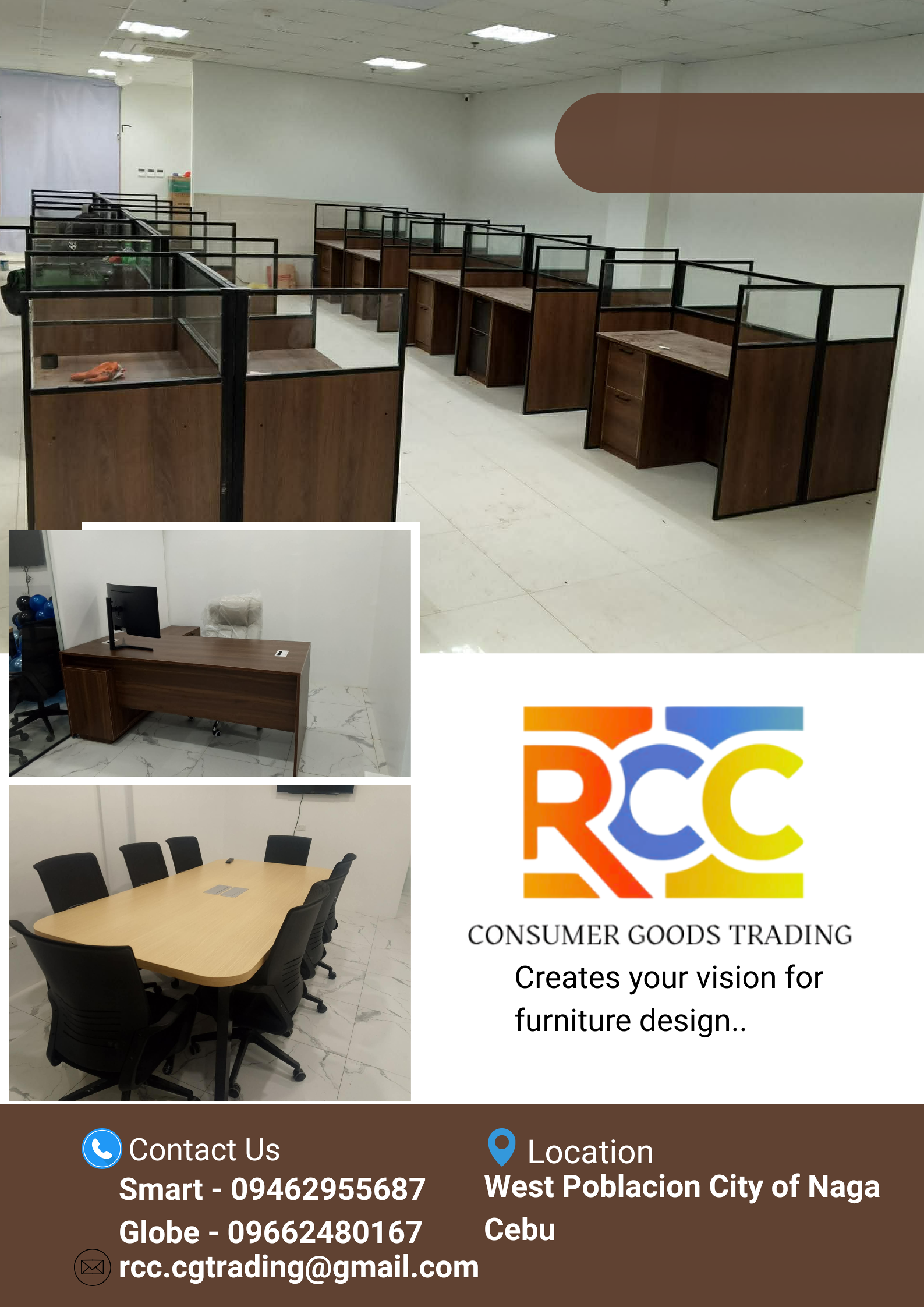 The image shows an office furniture setup including multiple cubicles with wooden desks and glass partitions, a wooden reception desk with a computer, and a conference table with black chairs in a modern office space. The office has a white marble floor and plain white walls. There is a logo for 'RCC Consumer Goods Trading' with a colorful design and contact information at the bottom.