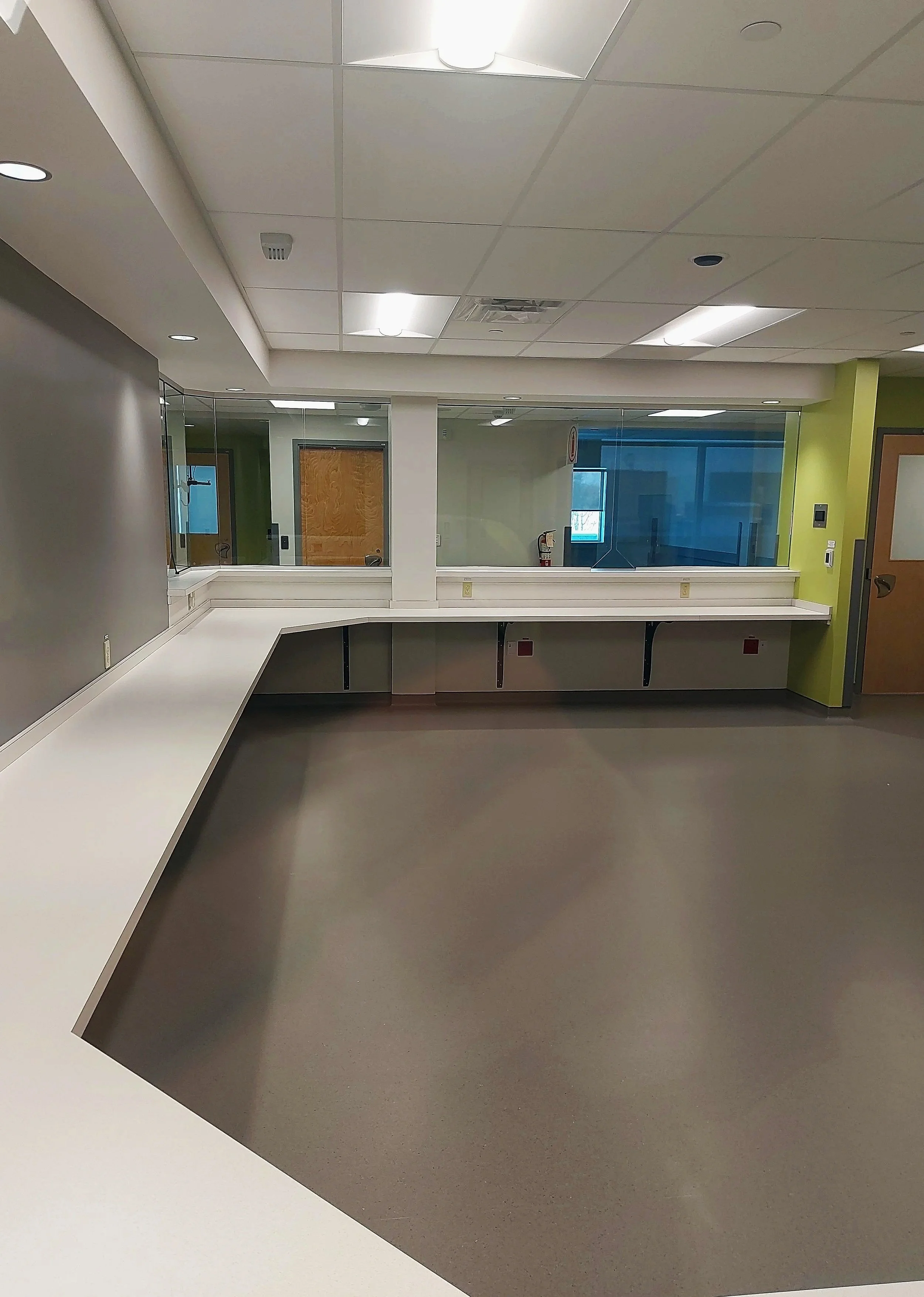 Hospital or medical office reception area with white countertops, a glass window, and a green wall, ceiling with fluorescent lights, and a door.