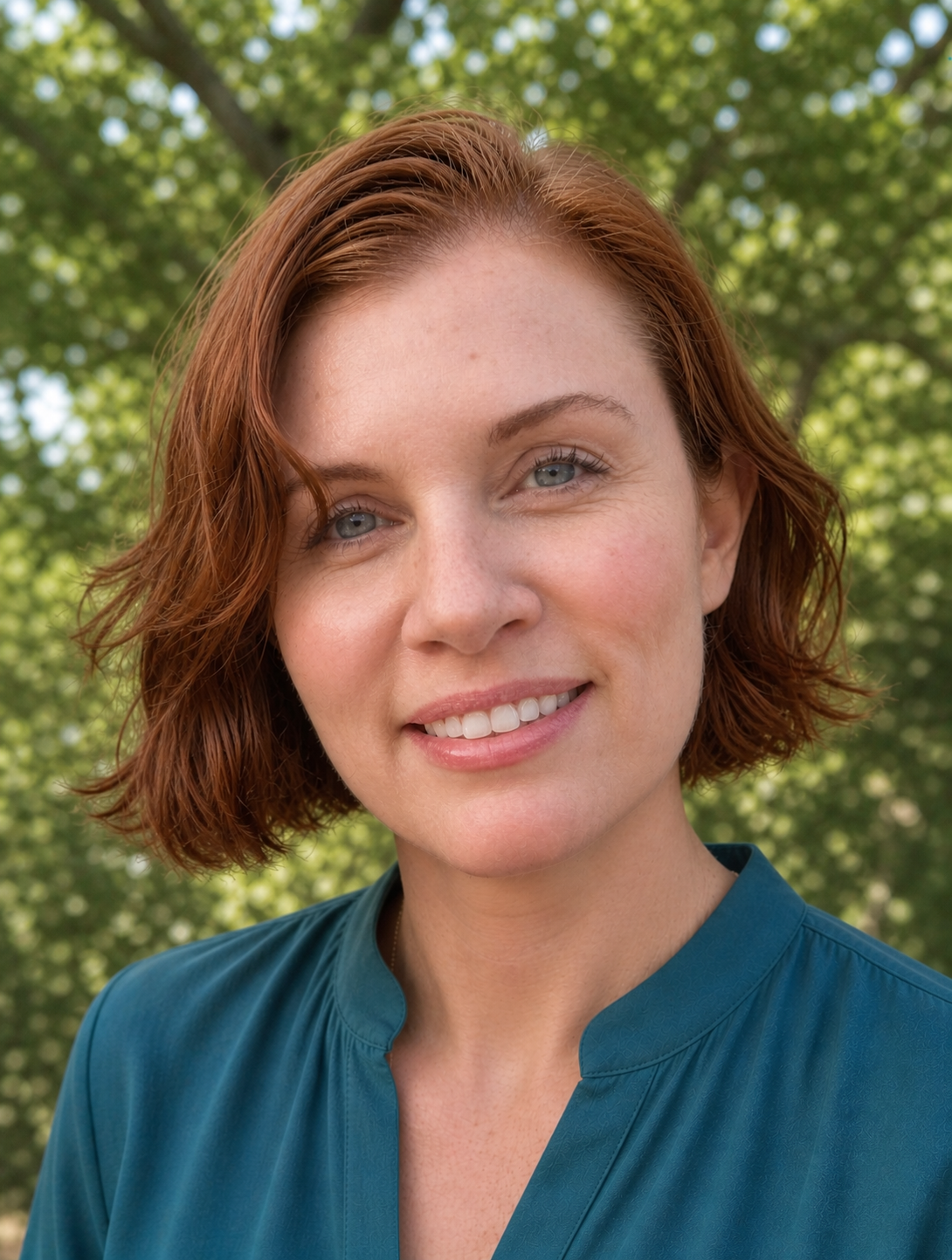 Close-up portrait of a woman with short wavy red hair, blue eyes, and fair skin, smiling outdoors with green trees in the background.