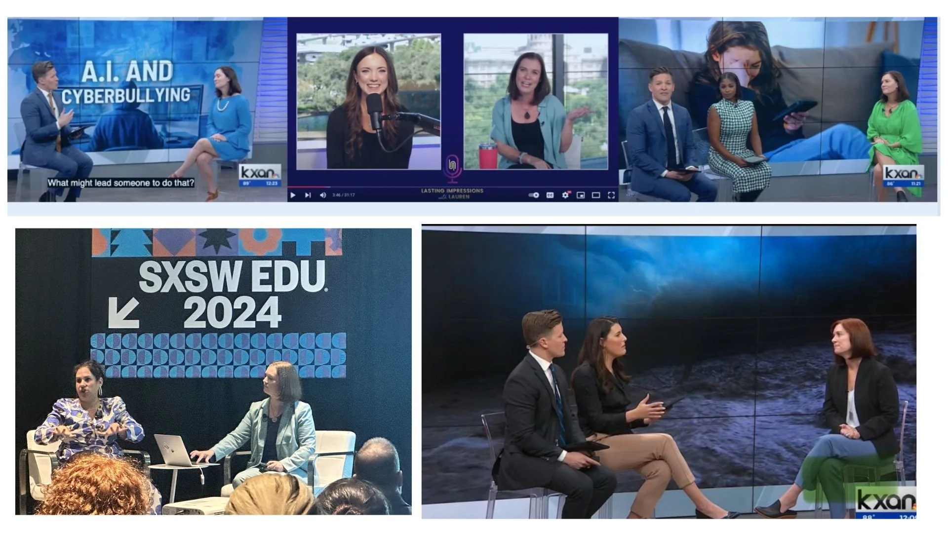 Collection of screenshots from a conference or panel discussion about AI and cyberbullying, including scenes of speakers, panelists, and an event banner for SXSW EDU 2024.