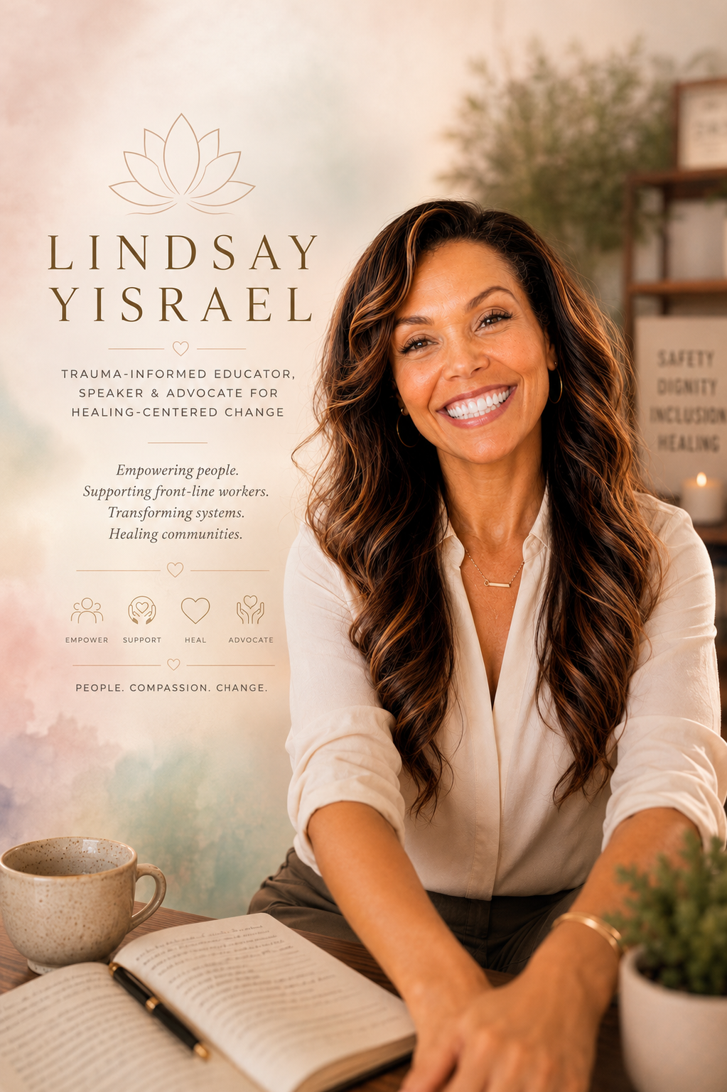 A smiling woman with long wavy hair sitting at a wooden table with an open book, a cup, and a small potted plant. Behind her is a banner with her name, Lindsay Yisrael, and descriptions of her work as a trauma-informed educator, speaker, and advocate for healing-centered change.