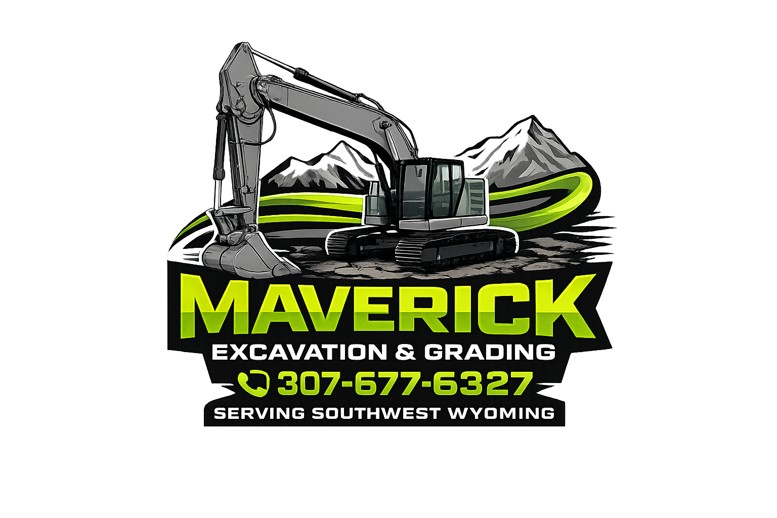 Logo for Maverick Excavation & Grading, featuring a large excavator with mountains in the background, and text with contact info and service area in Southwest Wyoming.