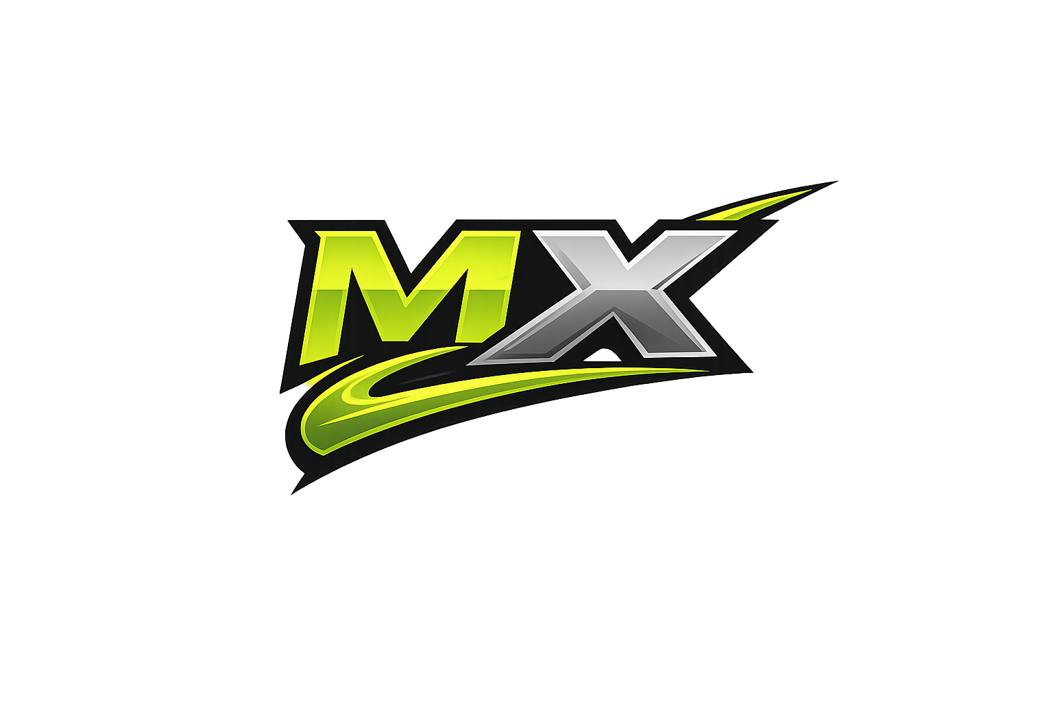 Bright neon-style logo for MX MX, with a stylized swoosh underneath, set against a dark and colorful abstract background.