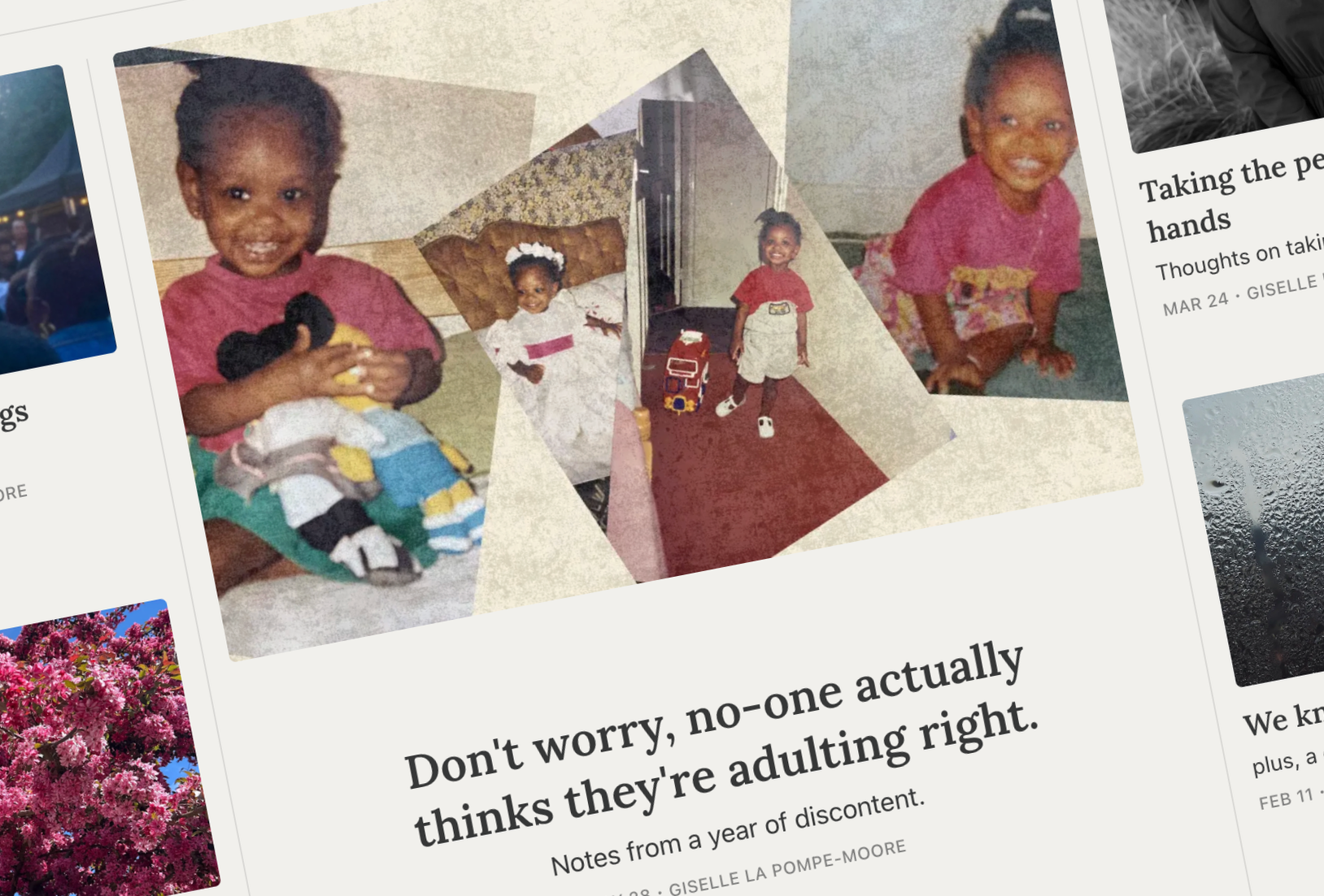 A collage of three childhood photos of a young girl with dark hair, wearing a pink top and white or colorful bottoms, smiling in each picture. The photos show her sitting on a bed with a wooden headboard, standing on a red carpet with a toy box nearby, and crouching on a surface, smiling at the camera.