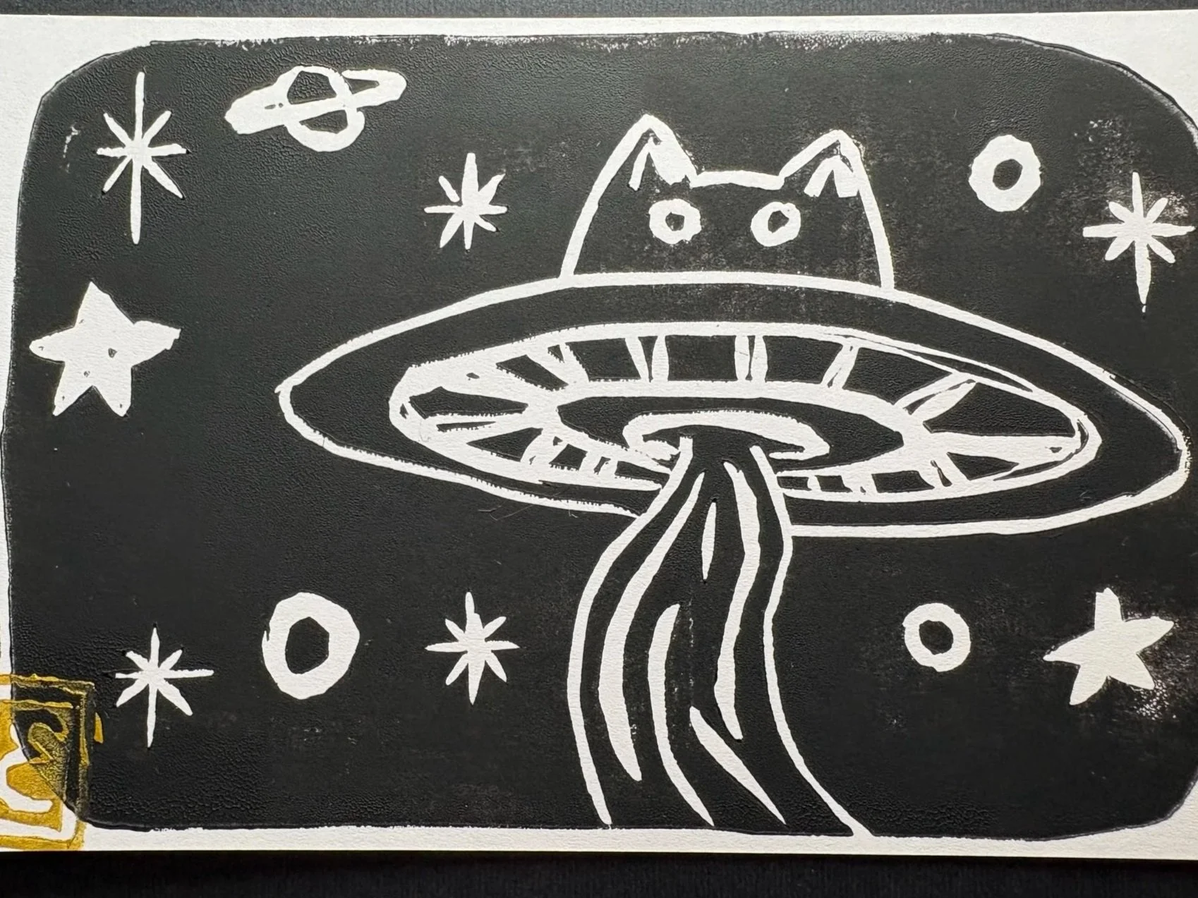 UFO+Cat+linocut original art