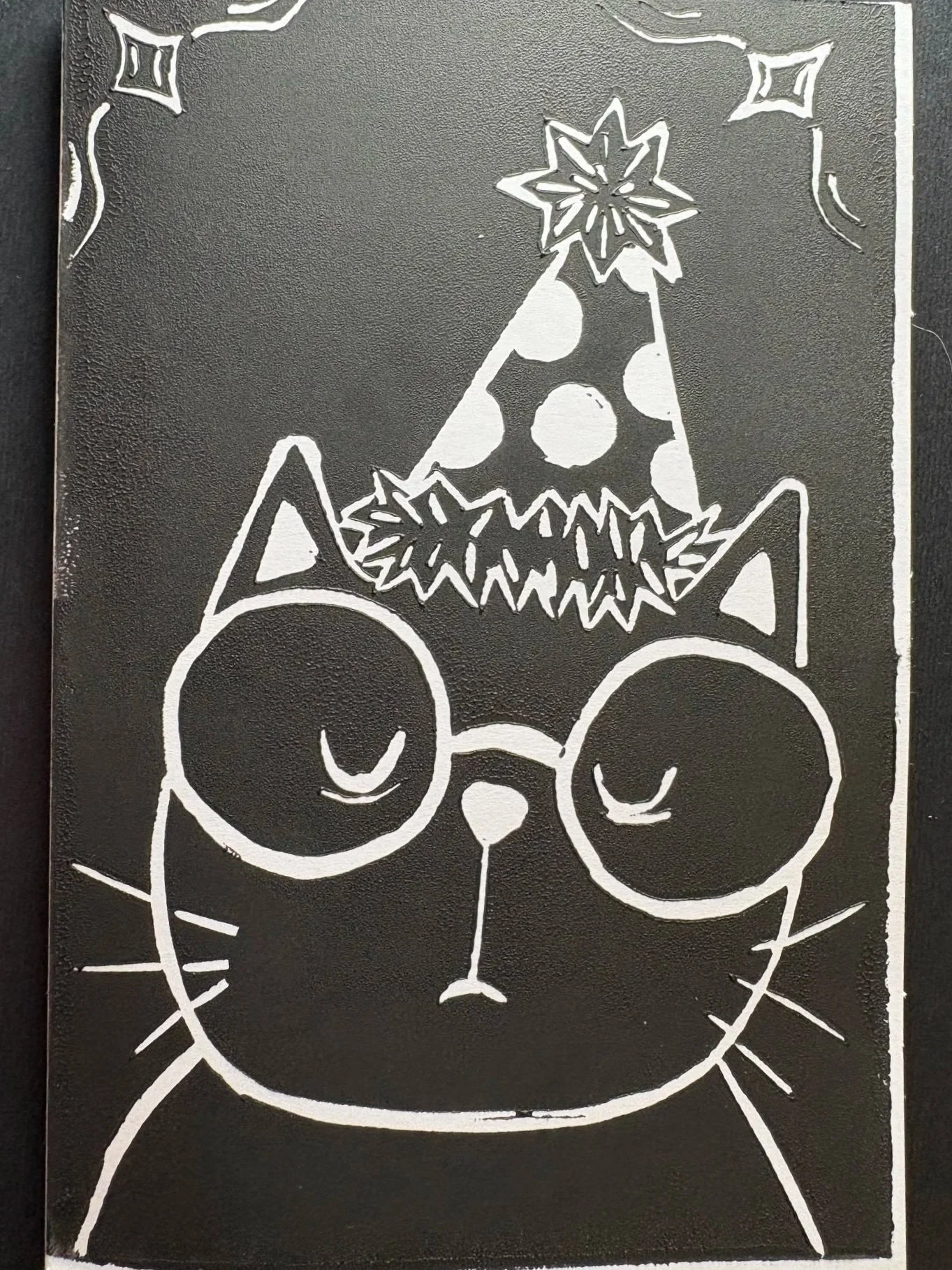 Oracle Celebration Cat Linocut Original Print Black and White