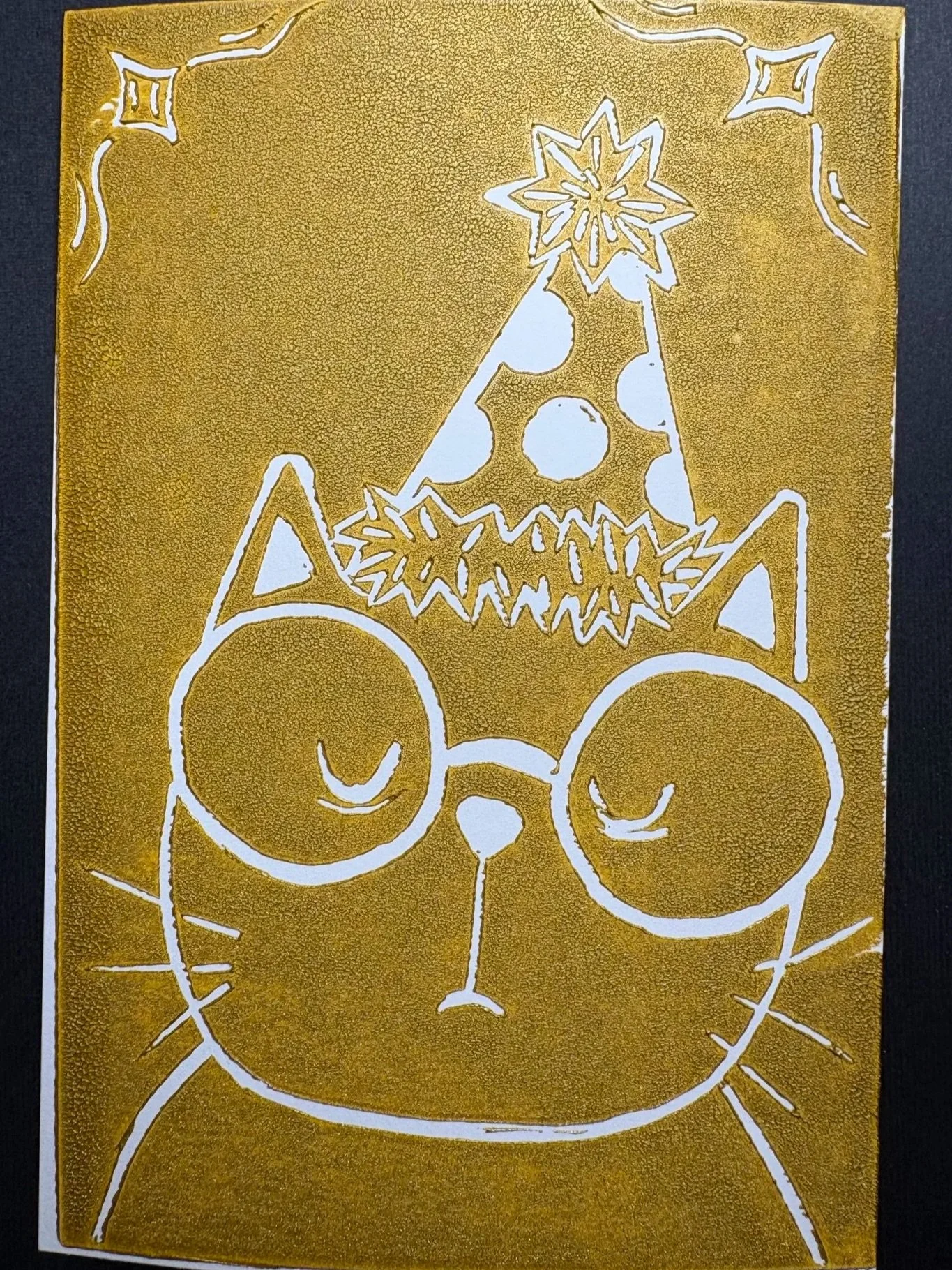 Oracle Celebration Cat Linocut Original Print Gold
