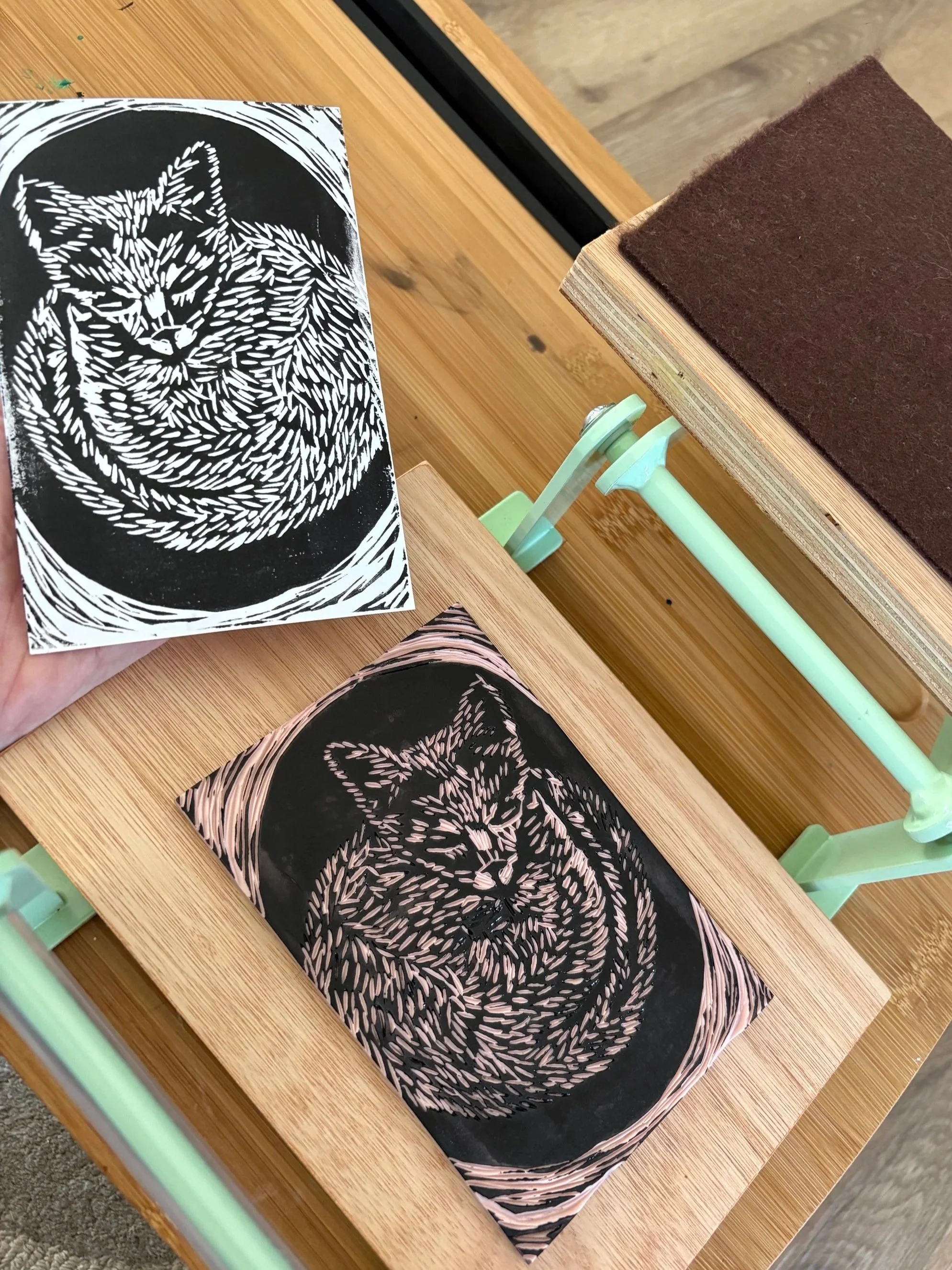 Art Oracle Emily Curled Cat Original Linocut Print