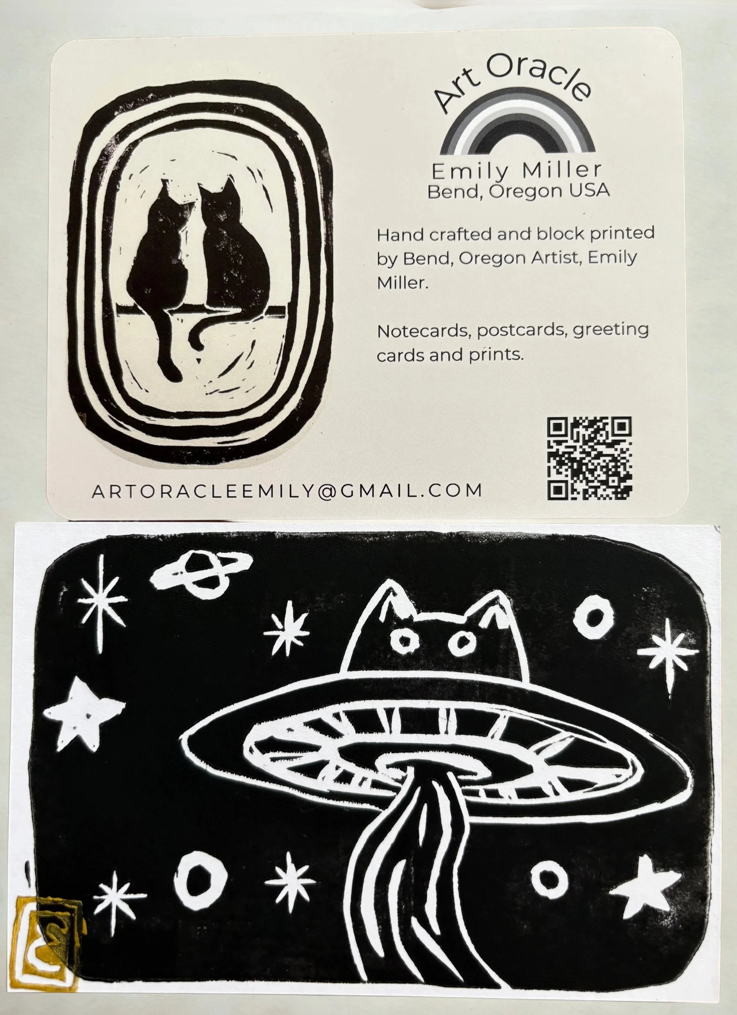 UFO+Cat+with+packaging+original linocut art