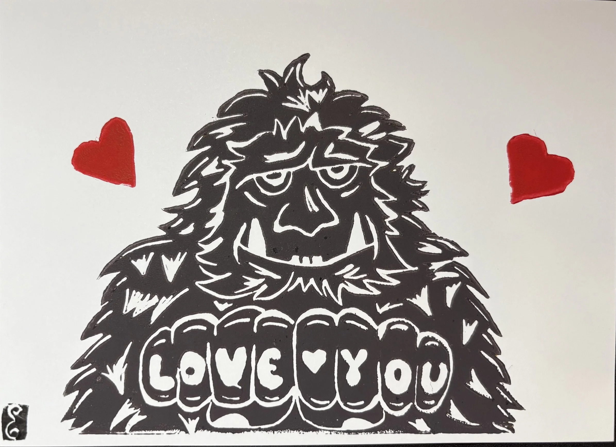 Bigfoot Love Original Linocut Print by Art Oracle Emily