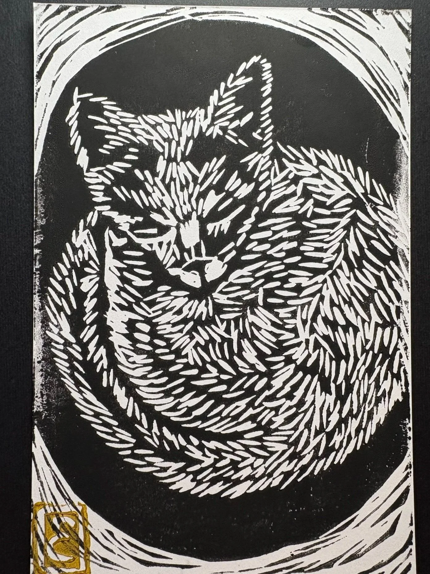 Oracle Cat Curled Original Linocut Print