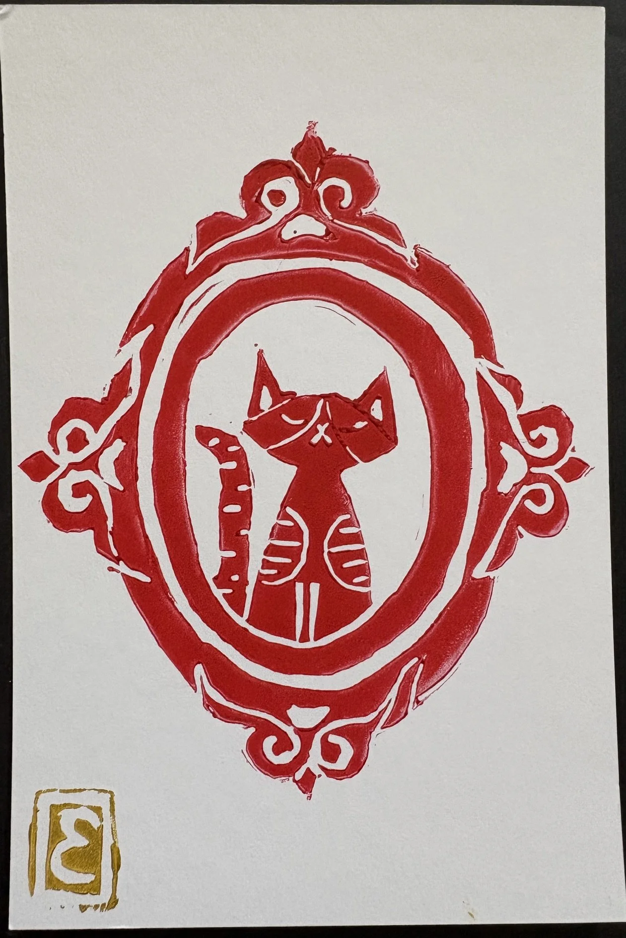 Fancy Oracle Cat Linocut print, hand carved and printed Art Oracle Emily | artoracleemily.com